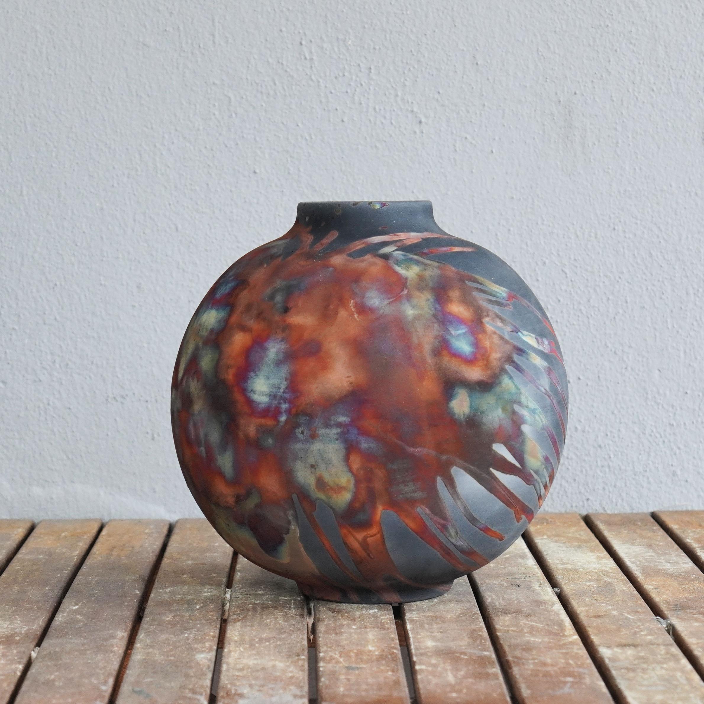Contemporary Raaquu Raku Fired Large Globe Vase S/N0000429 Centerpiece Art Series, Malaysia For Sale