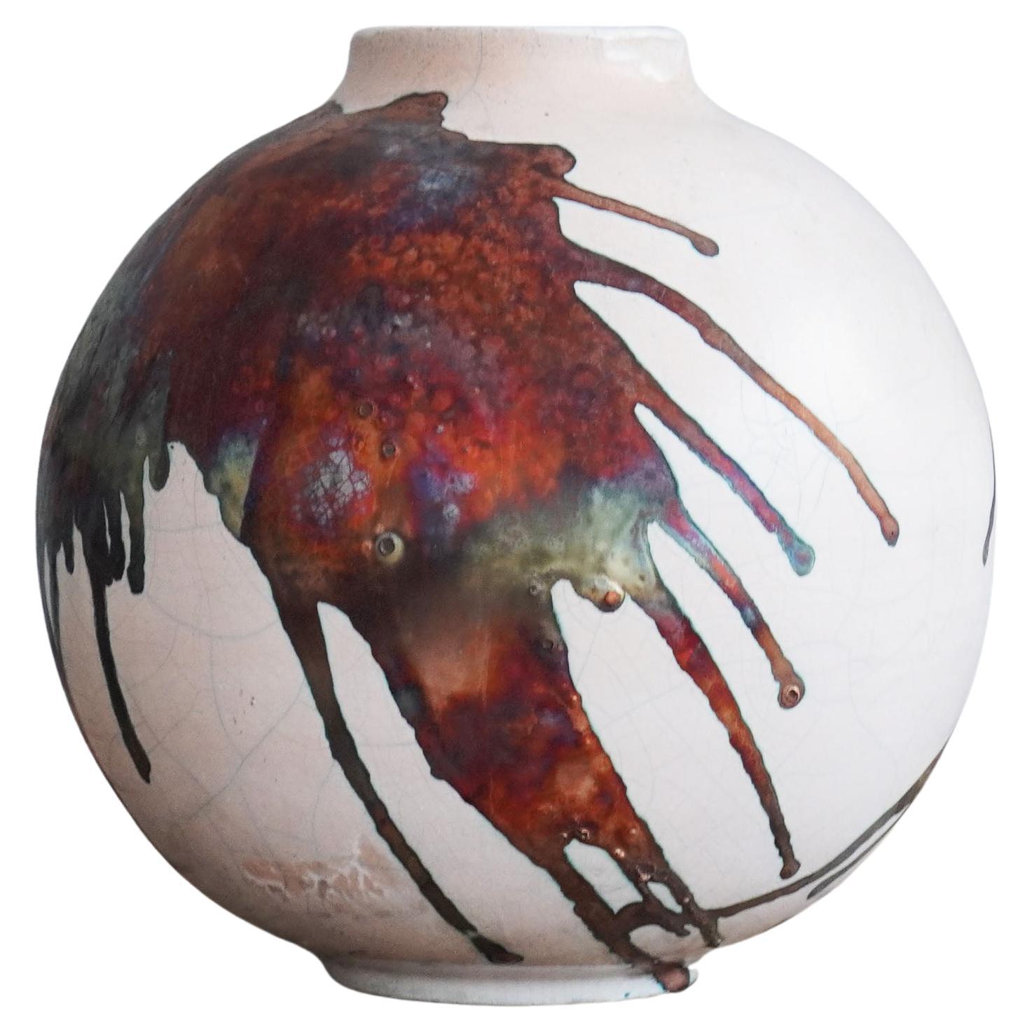 Raaquu Raku Fired Large Globe Vase S/N0000468 Centerpiece Art Series, Malaysia