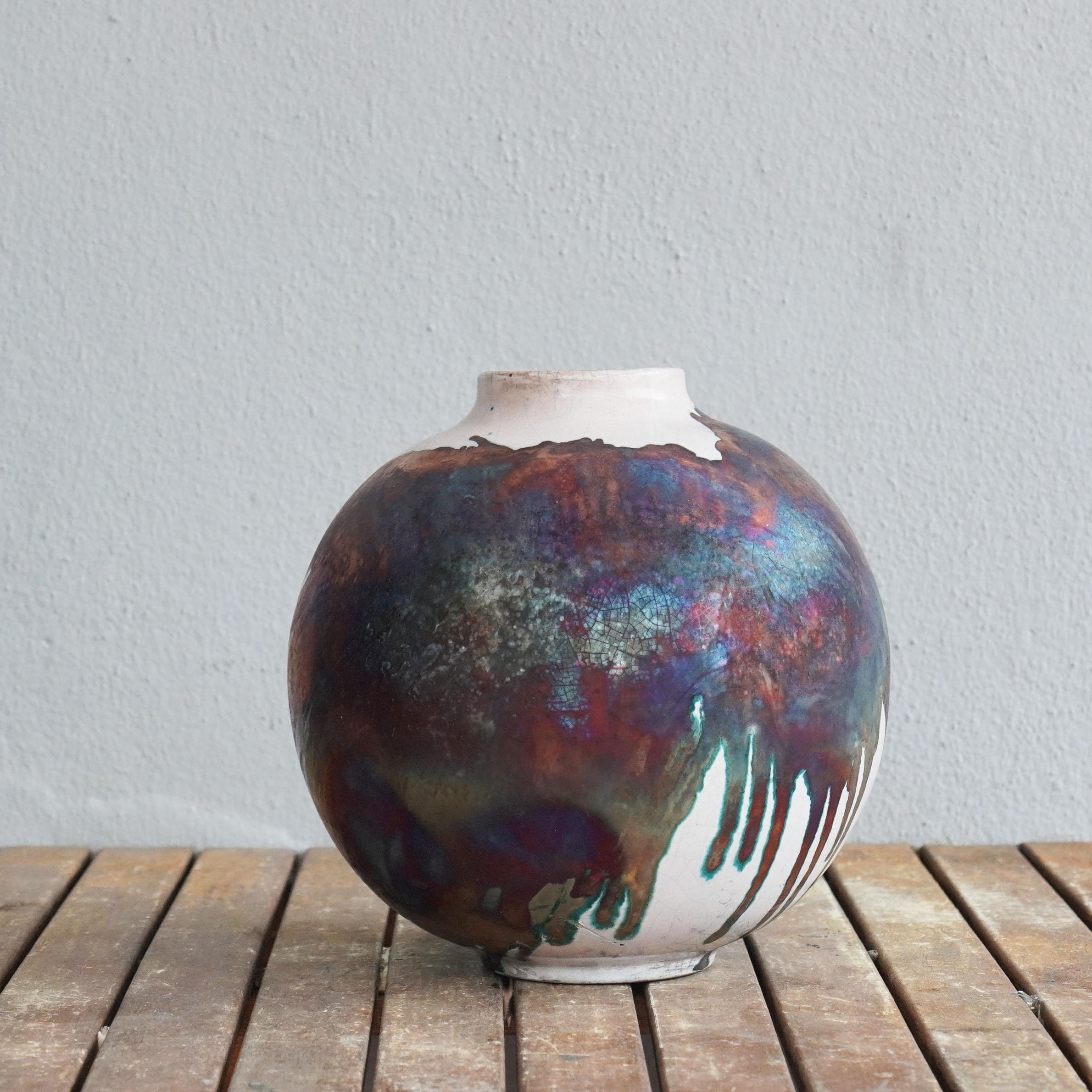 Contemporary Raaquu Raku Fired Large Globe Vase S/N0000472 Centerpiece Art Series, Malaysia