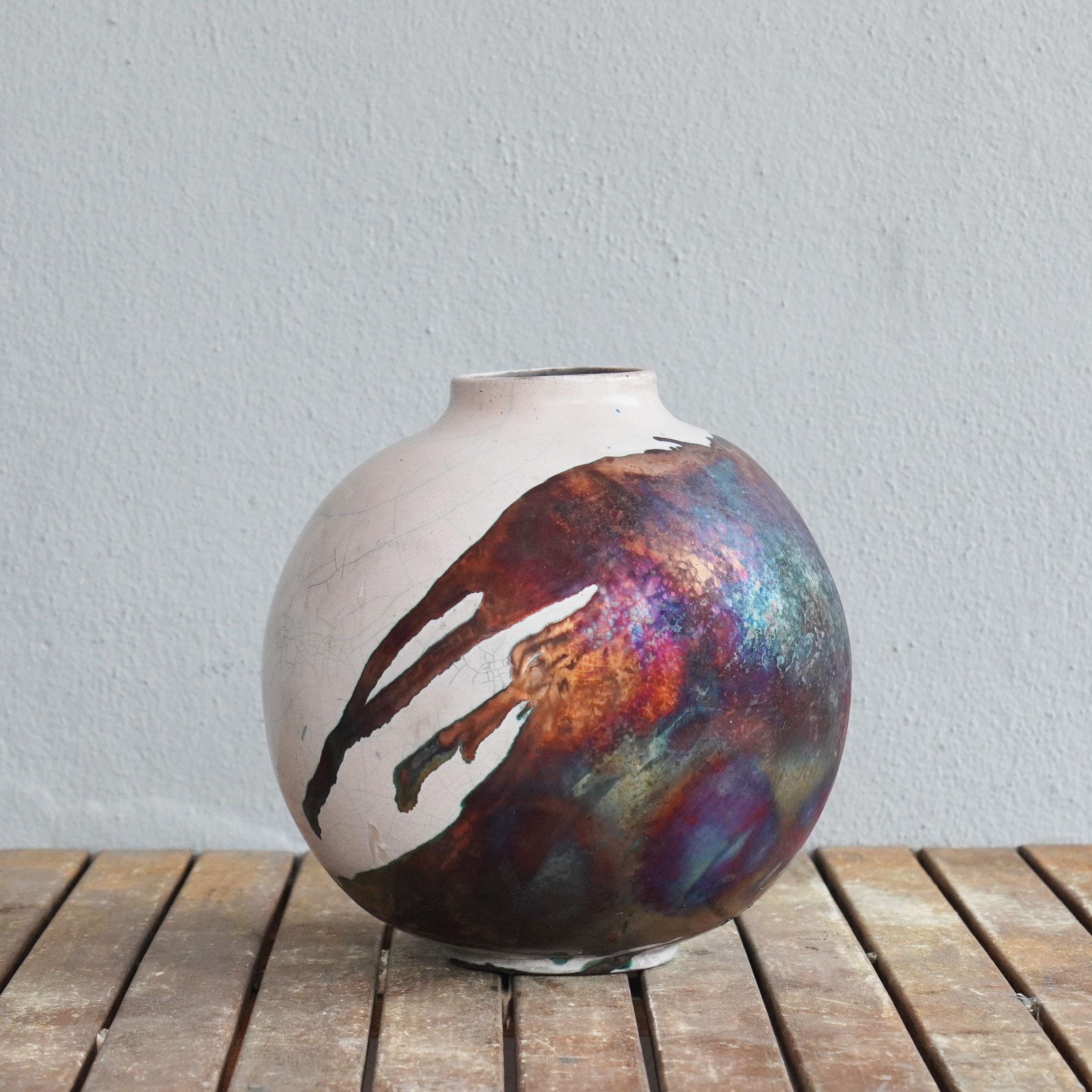 Ceramic Raaquu Raku Fired Large Globe Vase S/N0000472 Centerpiece Art Series, Malaysia