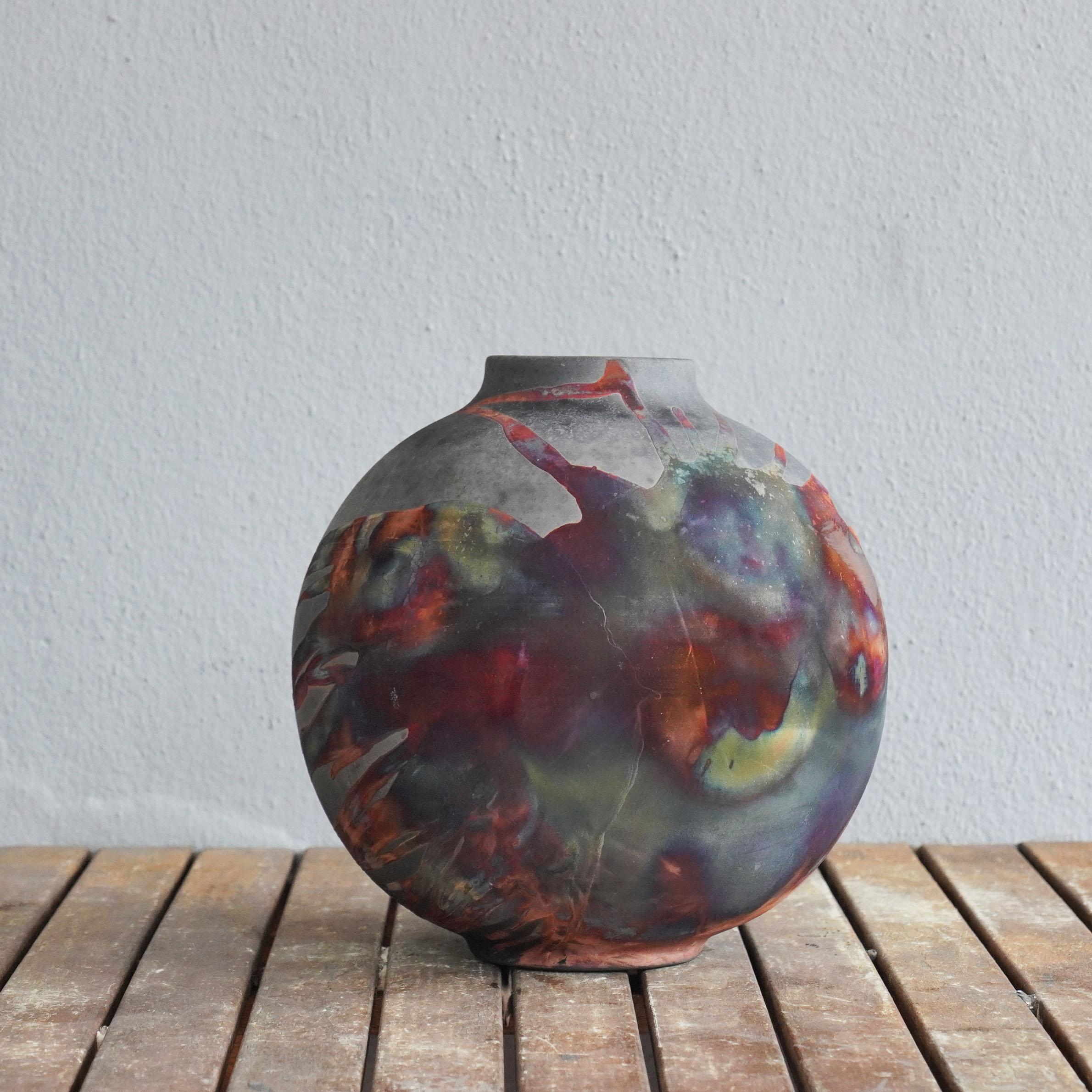 Modern Raaquu Raku Fired Large Globe Vase S/N0000474 Centerpiece Art Series, Malaysia For Sale