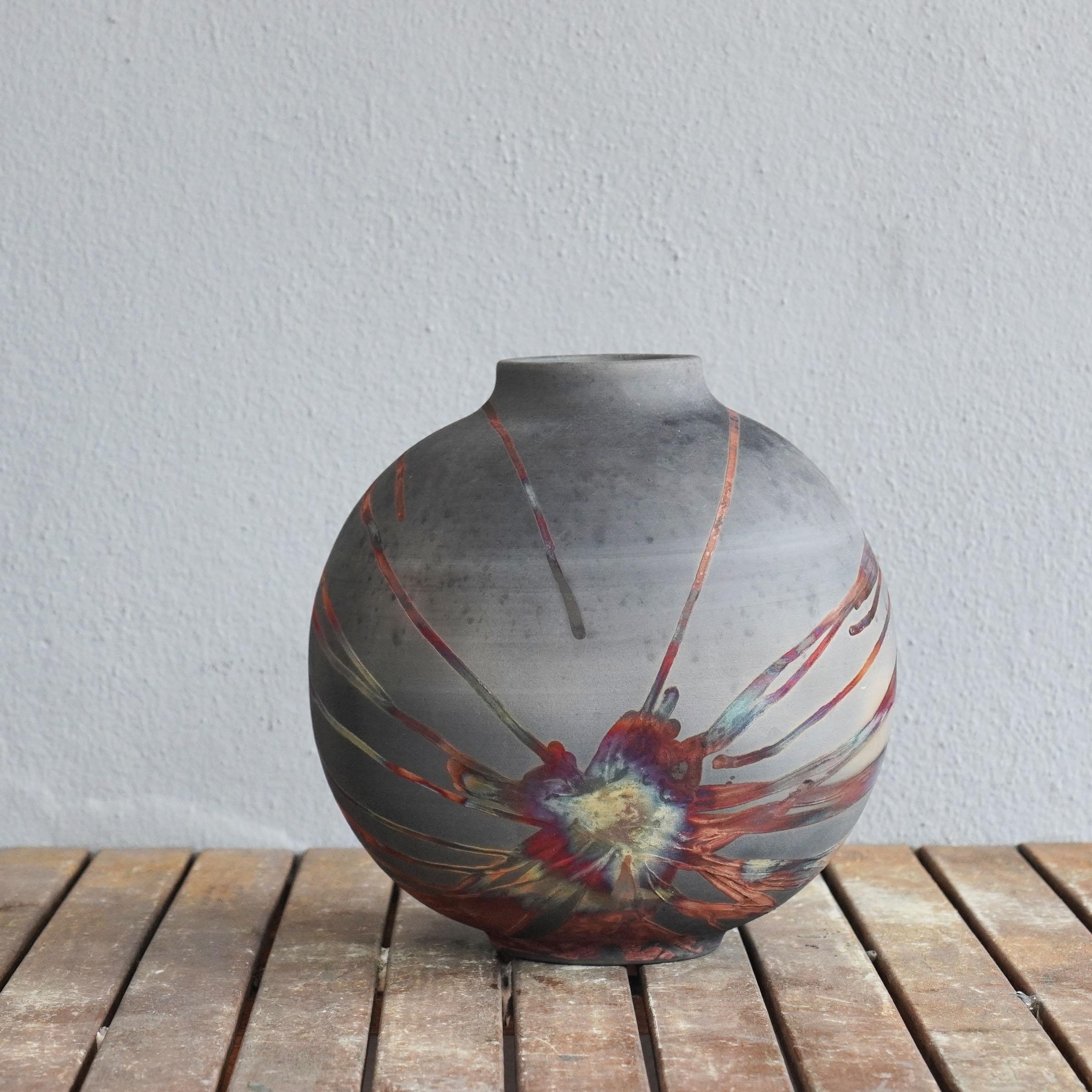 Raaquu Raku Fired Large Globe Vase S/N0000474 Centerpiece Art Series, Malaysia In New Condition For Sale In Petaling Jaya, MY