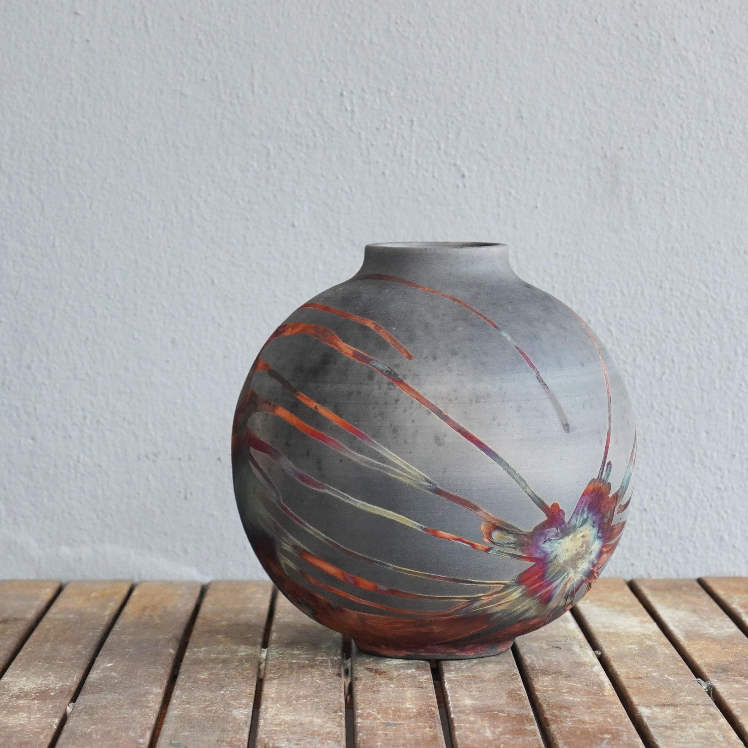 Contemporary Raaquu Raku Fired Large Globe Vase S/N0000474 Centerpiece Art Series, Malaysia For Sale