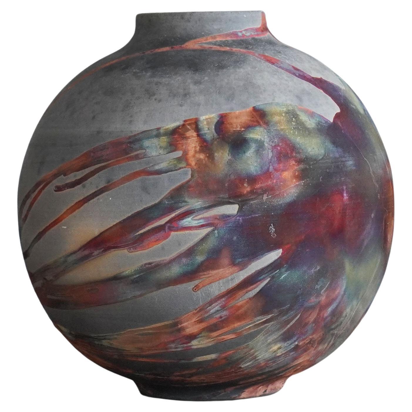 Raaquu Raku Fired Large Globe Vase S/N0000474 Centerpiece Art Series, Malaysia For Sale