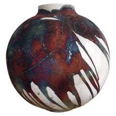Raaquu Raku Fired Large Globe Vase S/N0000477 Centerpiece Art Series Raaquu Raku Fired Large Globe Vase S/N0000477 Centerpiece Art Series