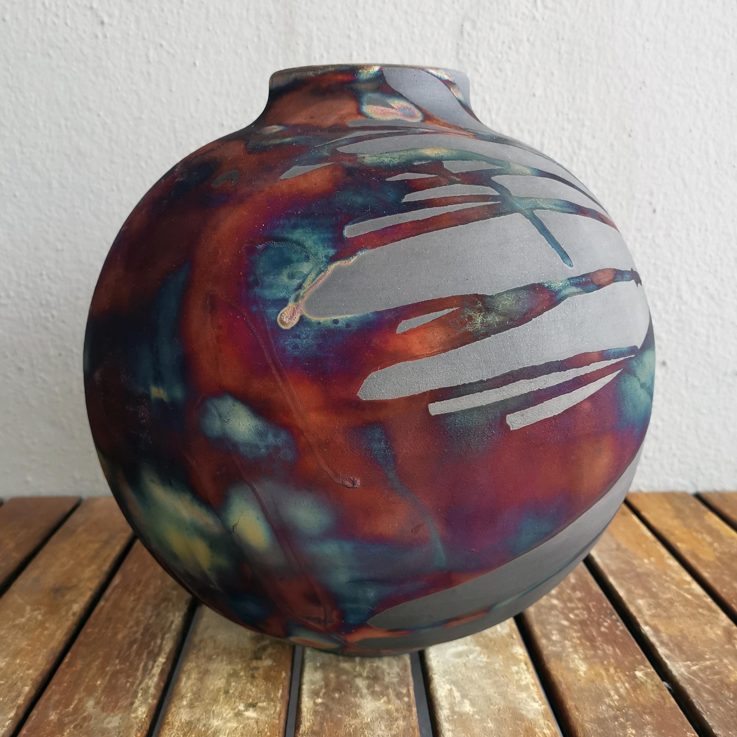 Modern Raaquu Raku Fired Large Globe Vase S/N0000565 Centerpiece Art Series For Sale