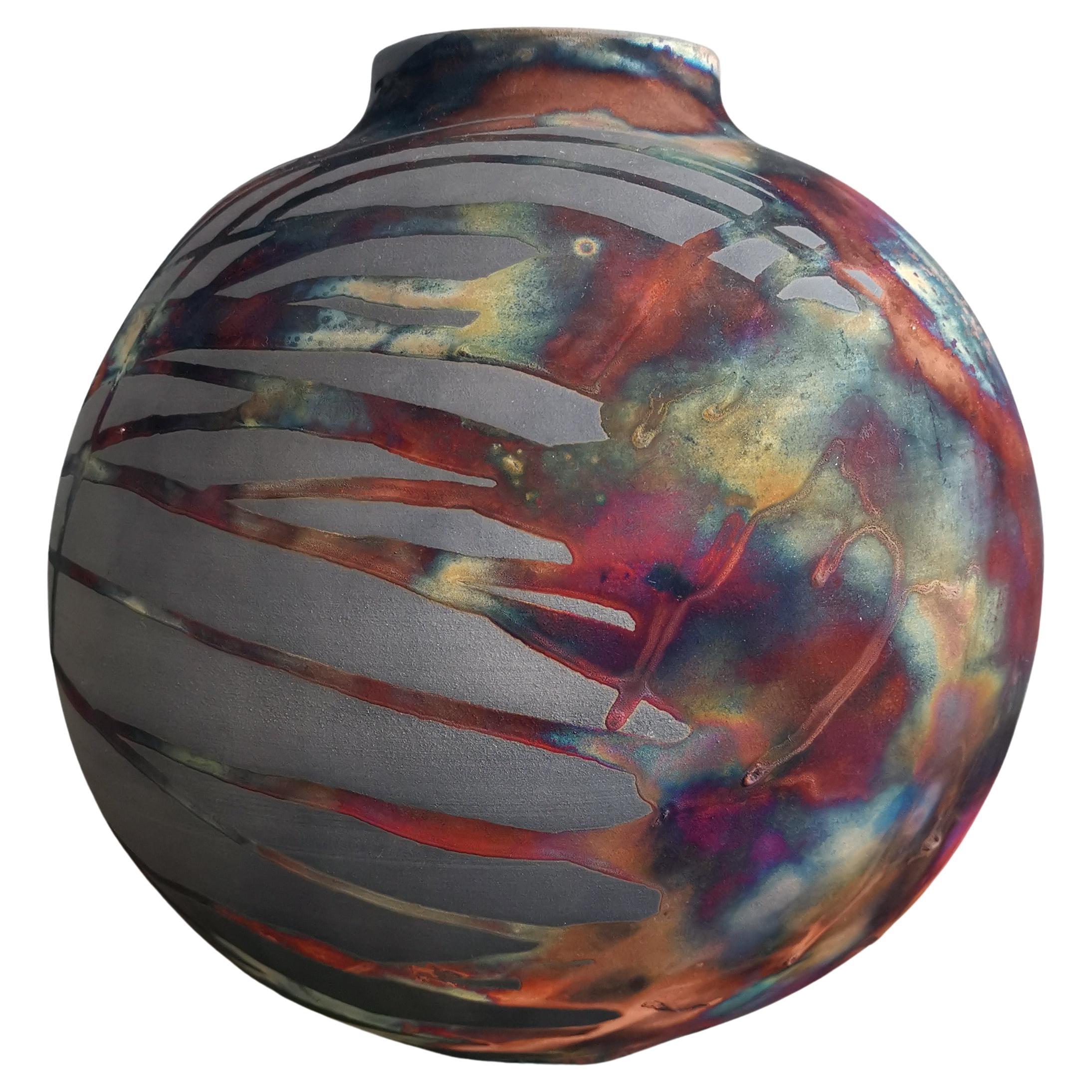 Raaquu Raku Fired Large Globe Vase S/N0000565 Centerpiece Art Series For Sale