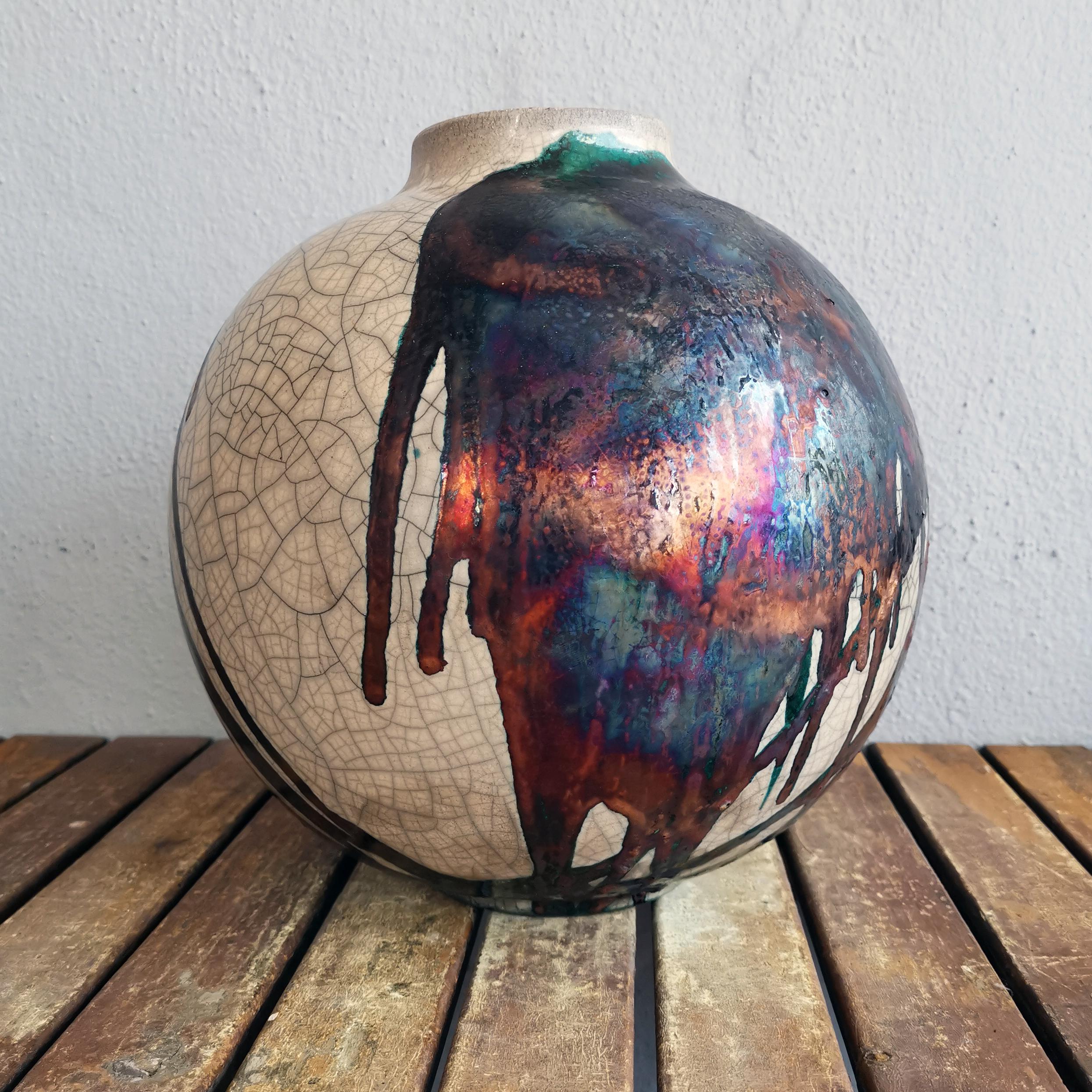 Raaquu Raku Fired Large Globe Vase S/N0000567 Centerpiece Art Series In New Condition For Sale In Petaling Jaya, MY