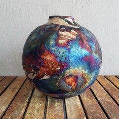 Raaquu Raku Fired Large Globe Vase S/N0000570 Centerpiece Art Series
