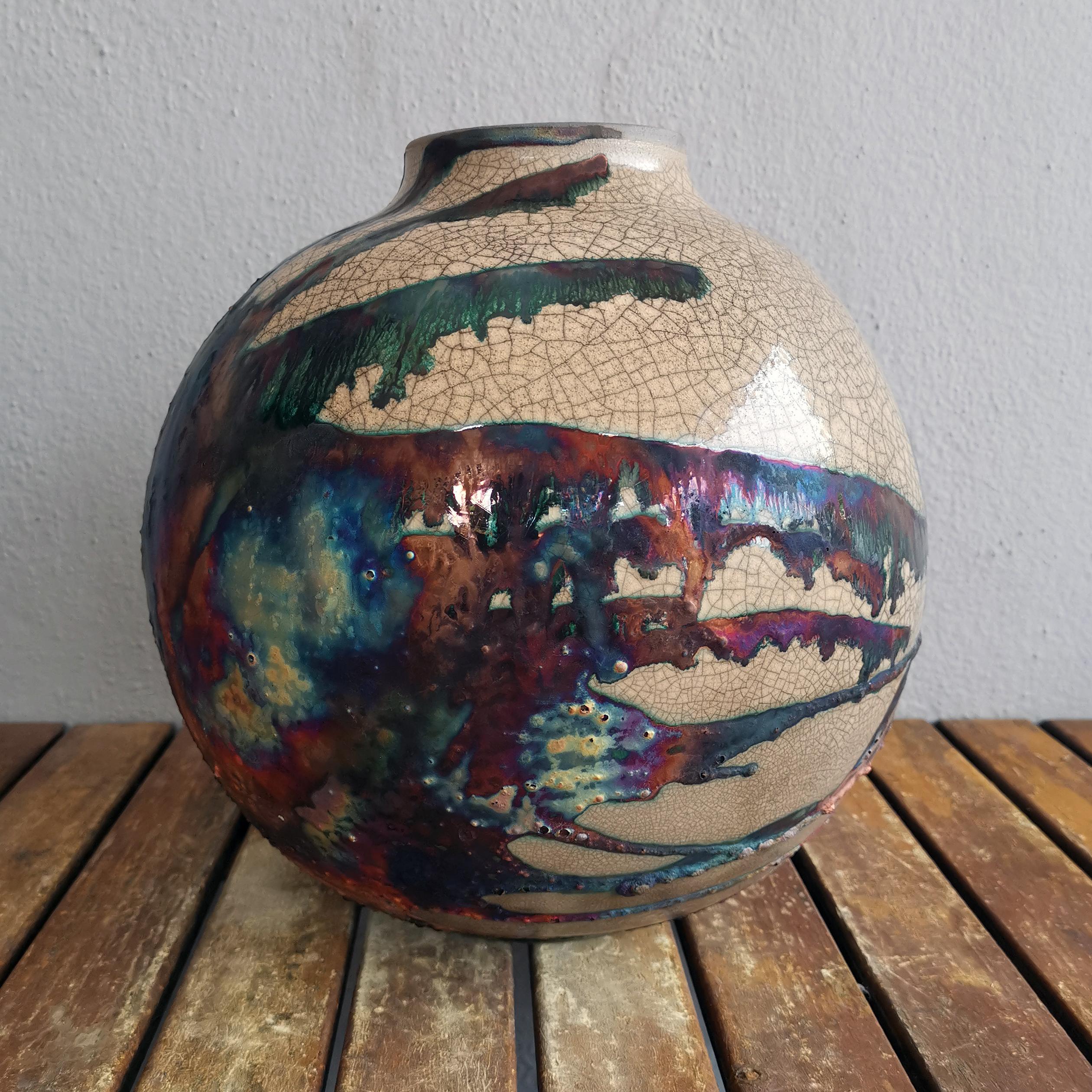 Malaysian Raaquu Raku Fired Large Globe Vase S/N0000570 Centerpiece Art Series
