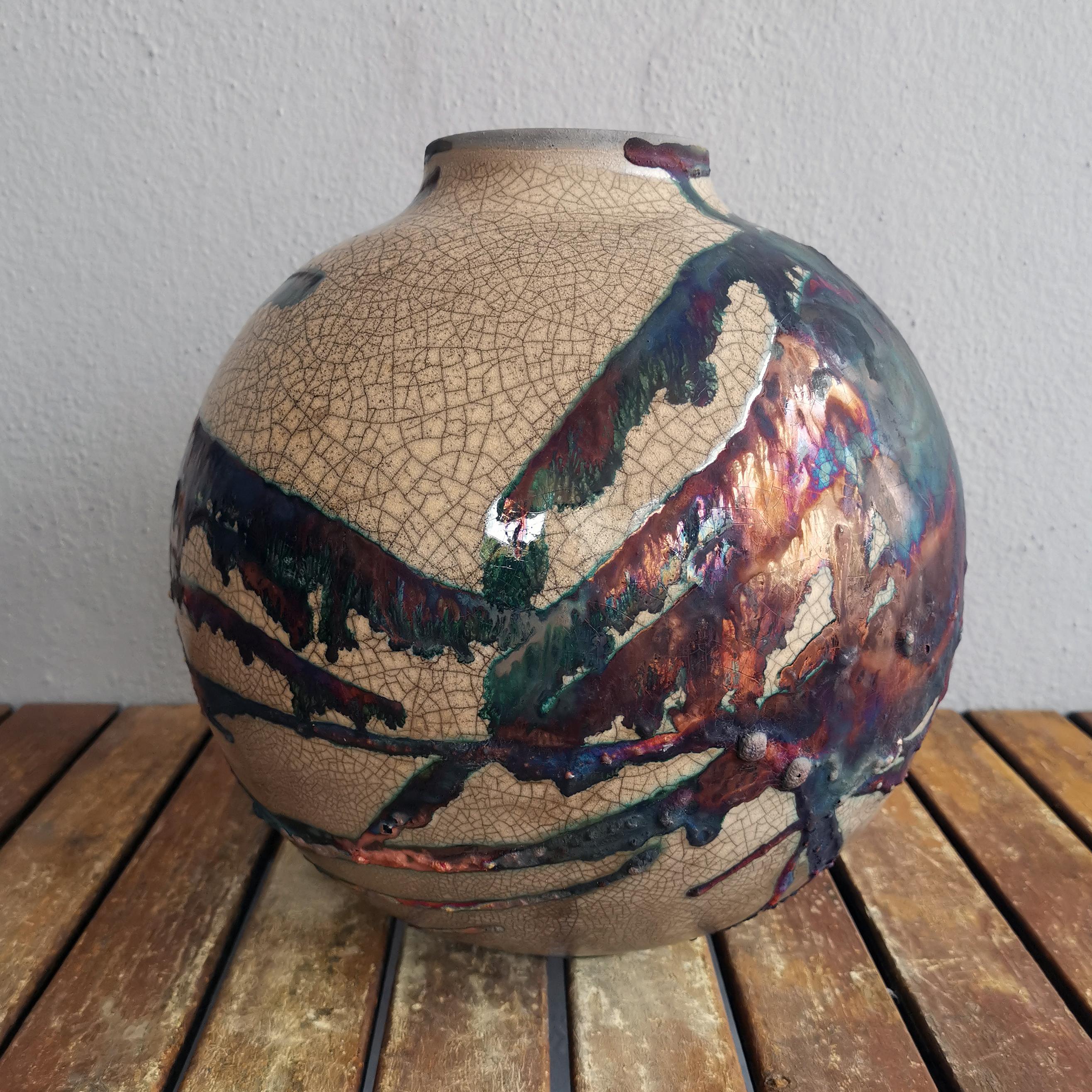 Raaquu Raku Fired Large Globe Vase S/N0000570 Centerpiece Art Series In New Condition In Petaling Jaya, MY