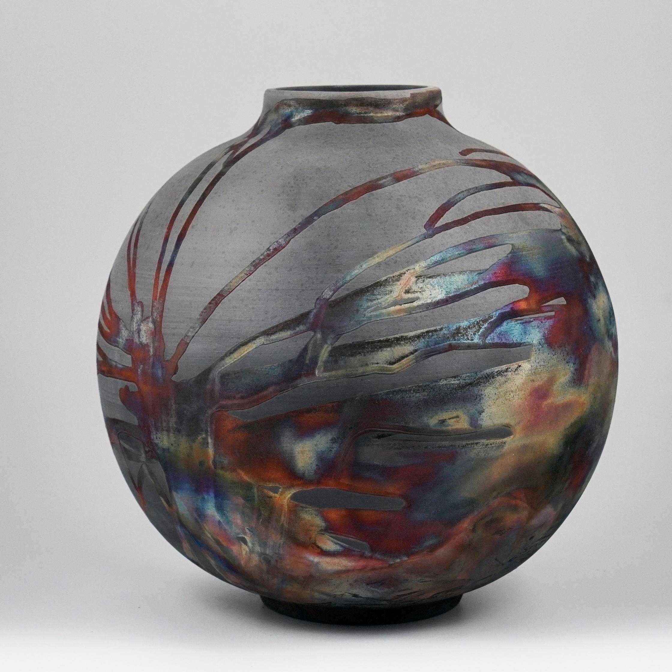Modern Raaquu Raku Fired Large Globe Vase S/N0000580 Centerpiece Art Series, Malaysia For Sale