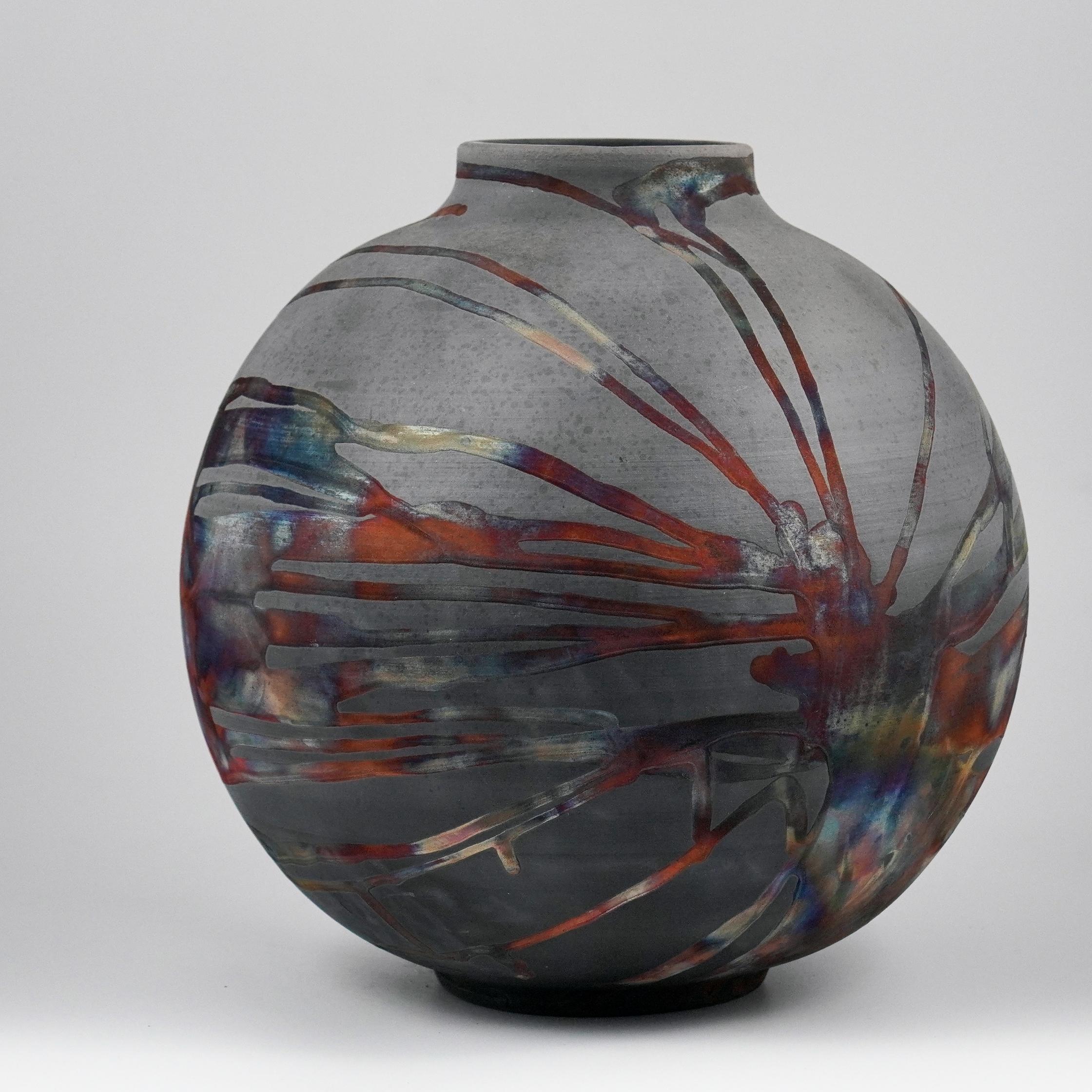 Malaysian Raaquu Raku Fired Large Globe Vase S/N0000580 Centerpiece Art Series, Malaysia For Sale