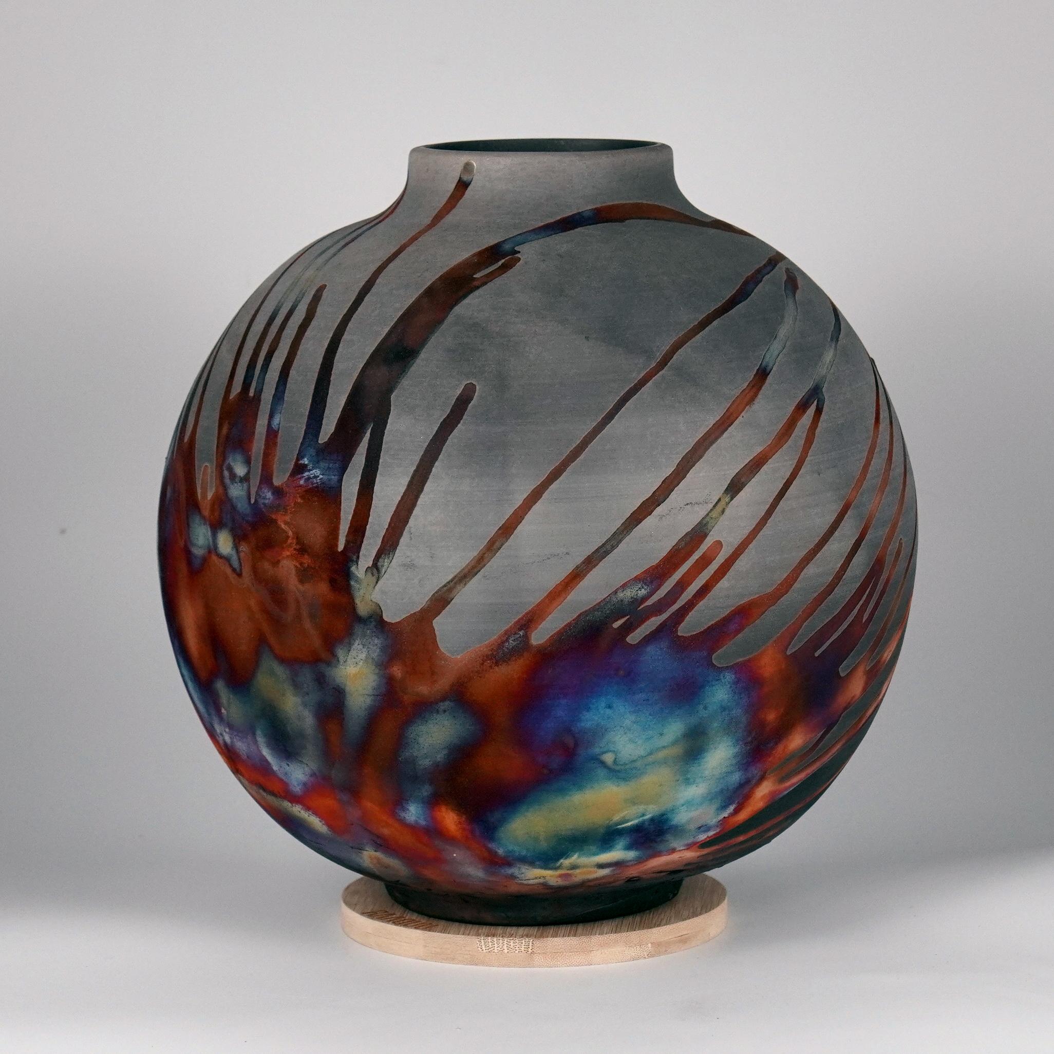 Modern Raaquu Raku Fired Large Globe Vase S/N0000581 Centerpiece Art Series