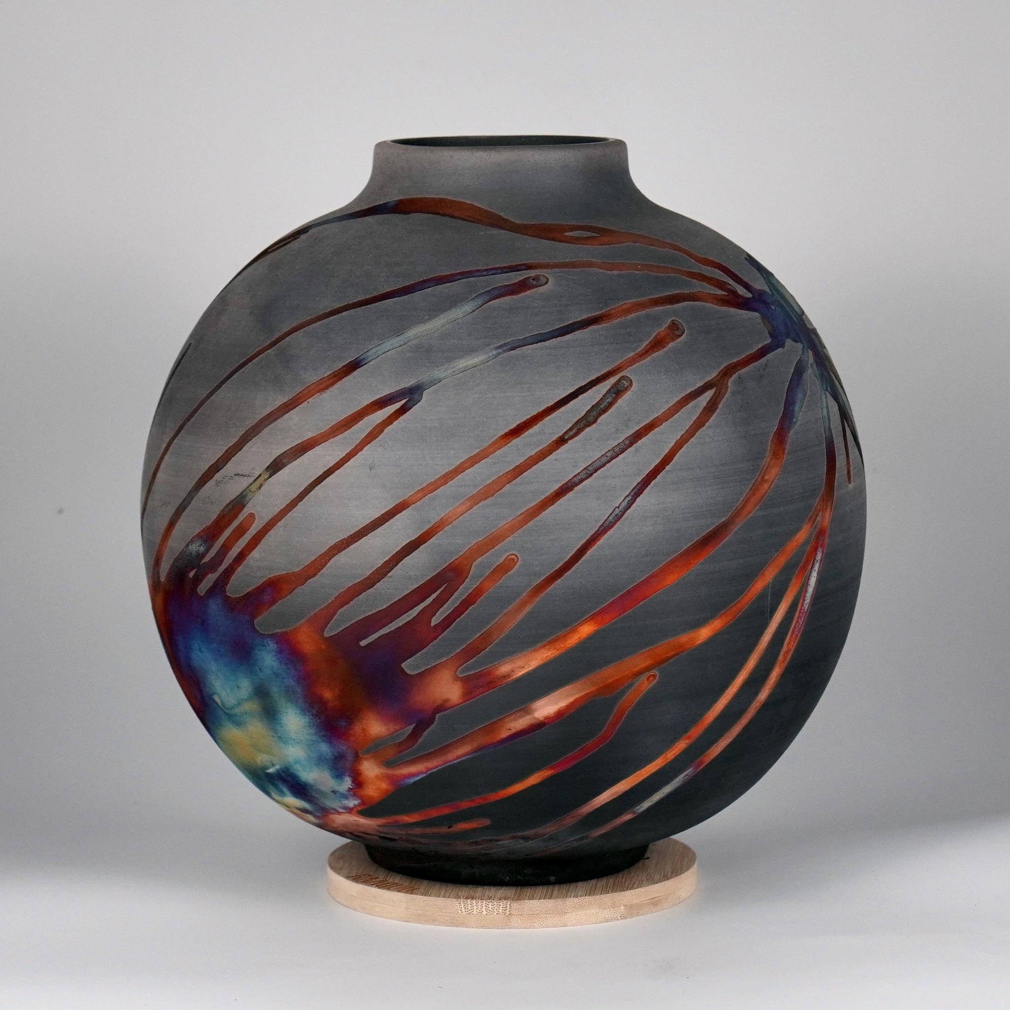 Malaysian Raaquu Raku Fired Large Globe Vase S/N0000581 Centerpiece Art Series
