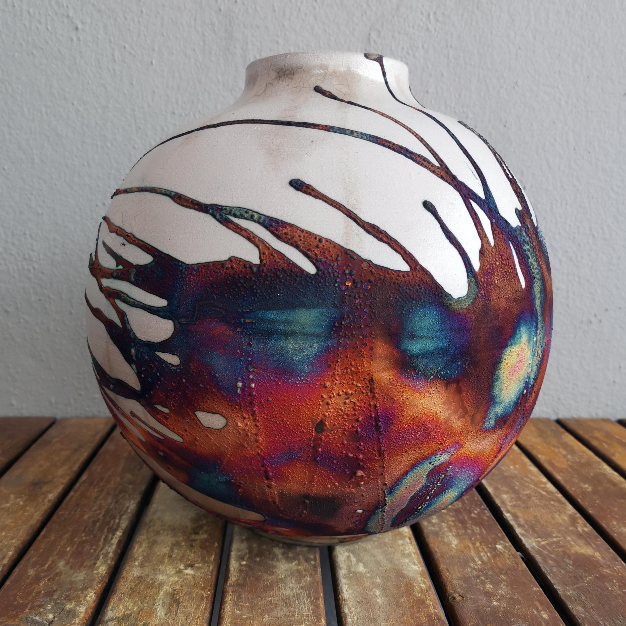 Modern Raaquu Raku Fired Large Globe Vase S/N0000586 Centerpiece Art Series