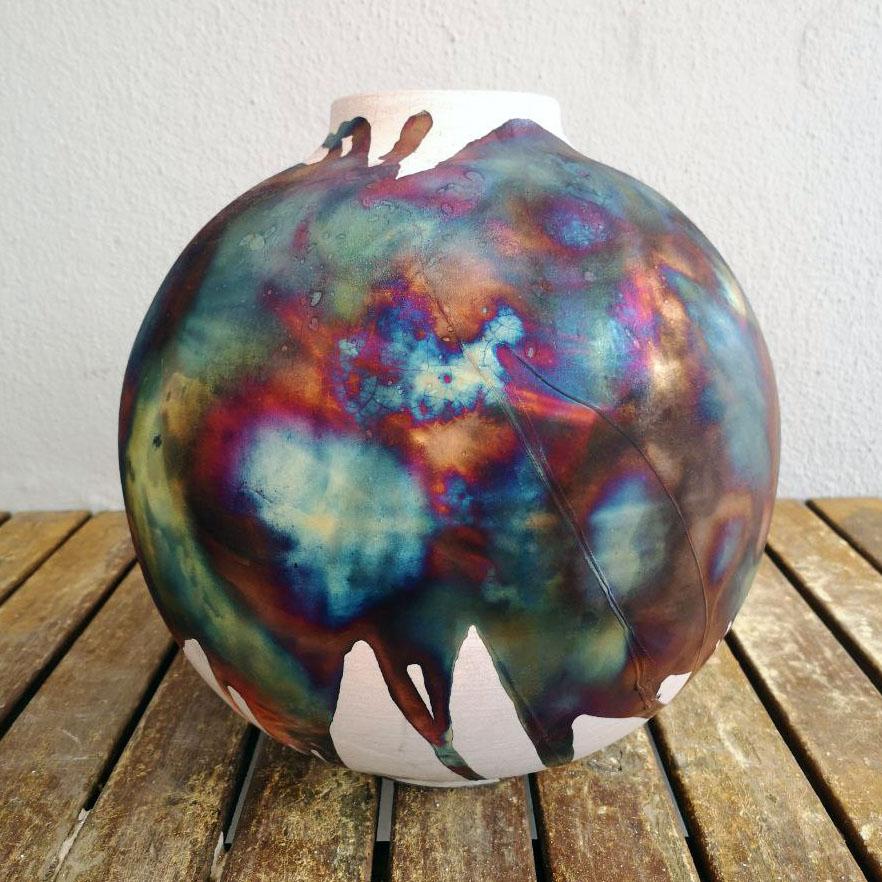 Raaquu Raku Jarrón Globo Grande Cocido S/N0000589 Centro de mesa Serie Arte, Malasia Moderno