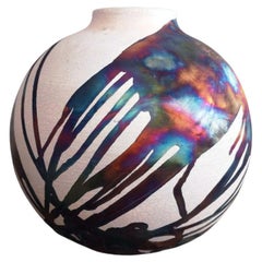 Raaquu Raku Fired Large Globe Vase S/N0000589 Centerpiece Art Series, Malaysia