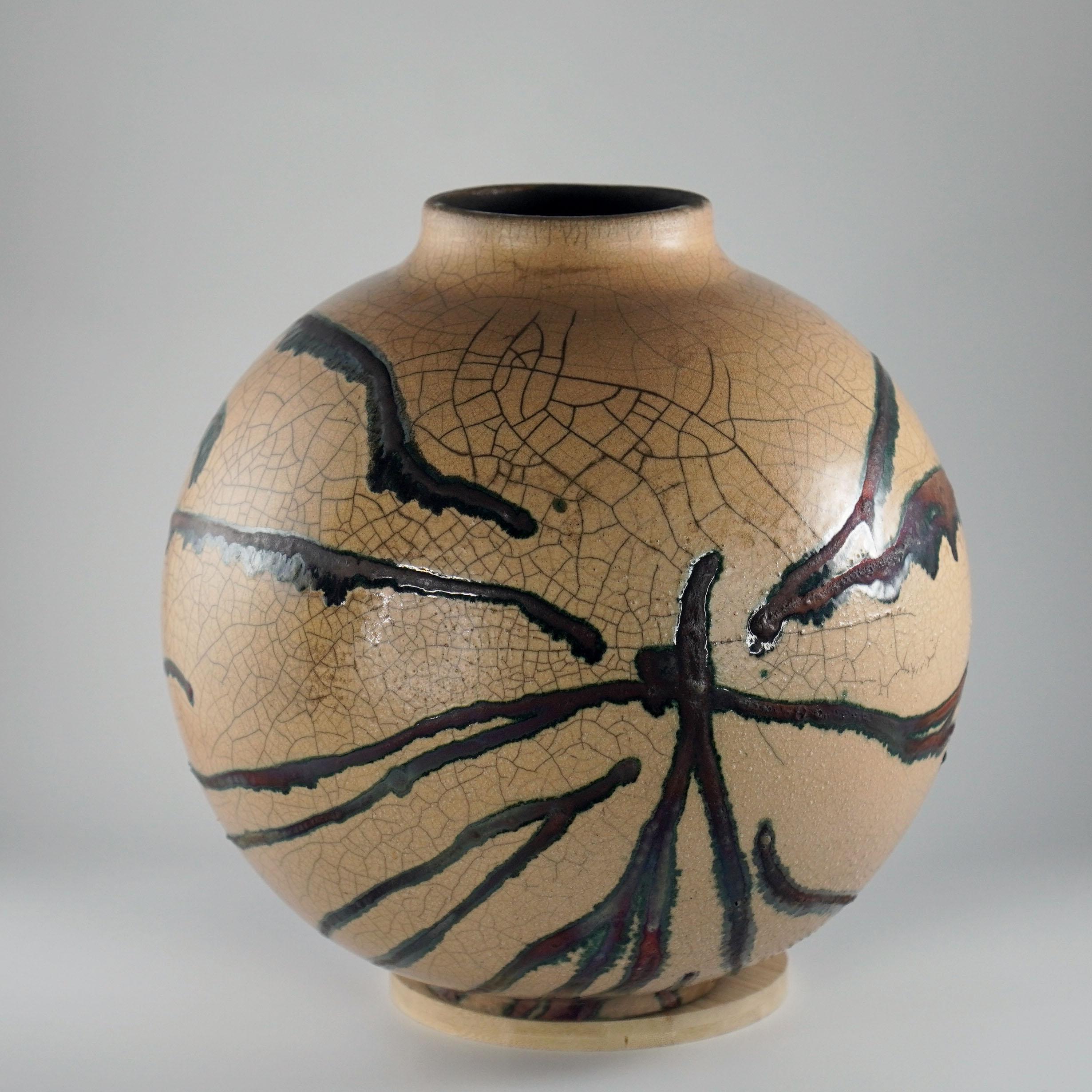 Modern Raaquu Raku Fired Large Globe Vase S/N0000622 Centerpiece Art Series For Sale