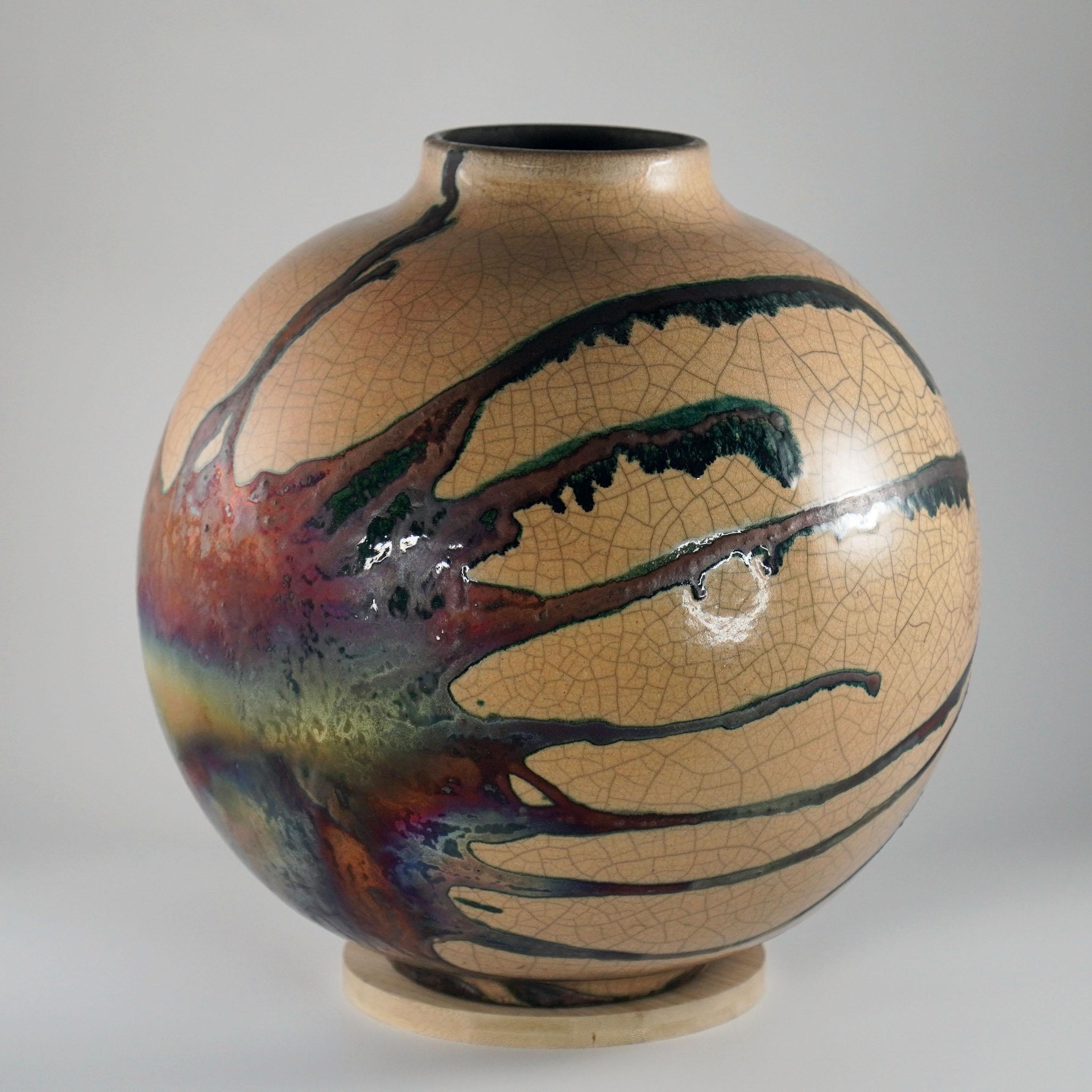 Malaysian Raaquu Raku Fired Large Globe Vase S/N0000622 Centerpiece Art Series For Sale