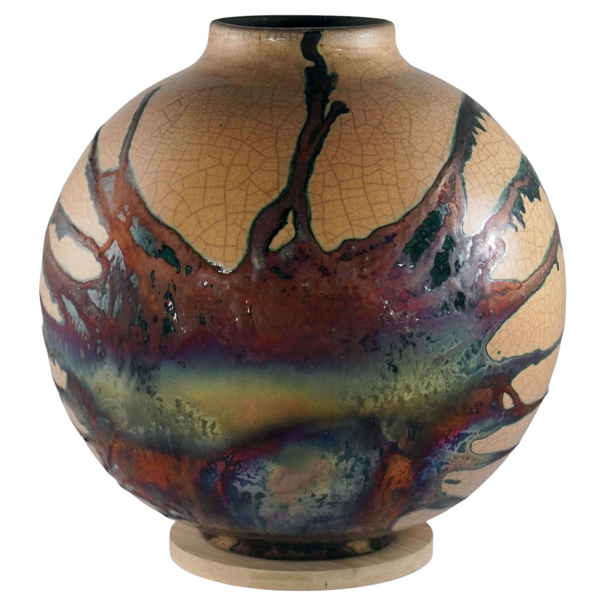 Raaquu Raku Fired Large Globe Vase S/N0000622 Centerpiece Art Series For Sale