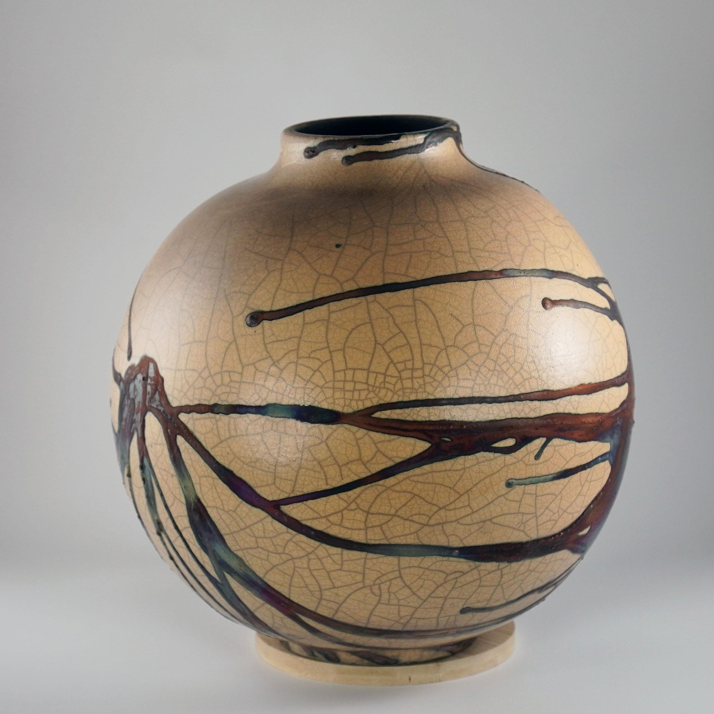 Modern Raaquu Raku Fired Large Globe Vase S/N0000627 Centerpiece Art Series For Sale