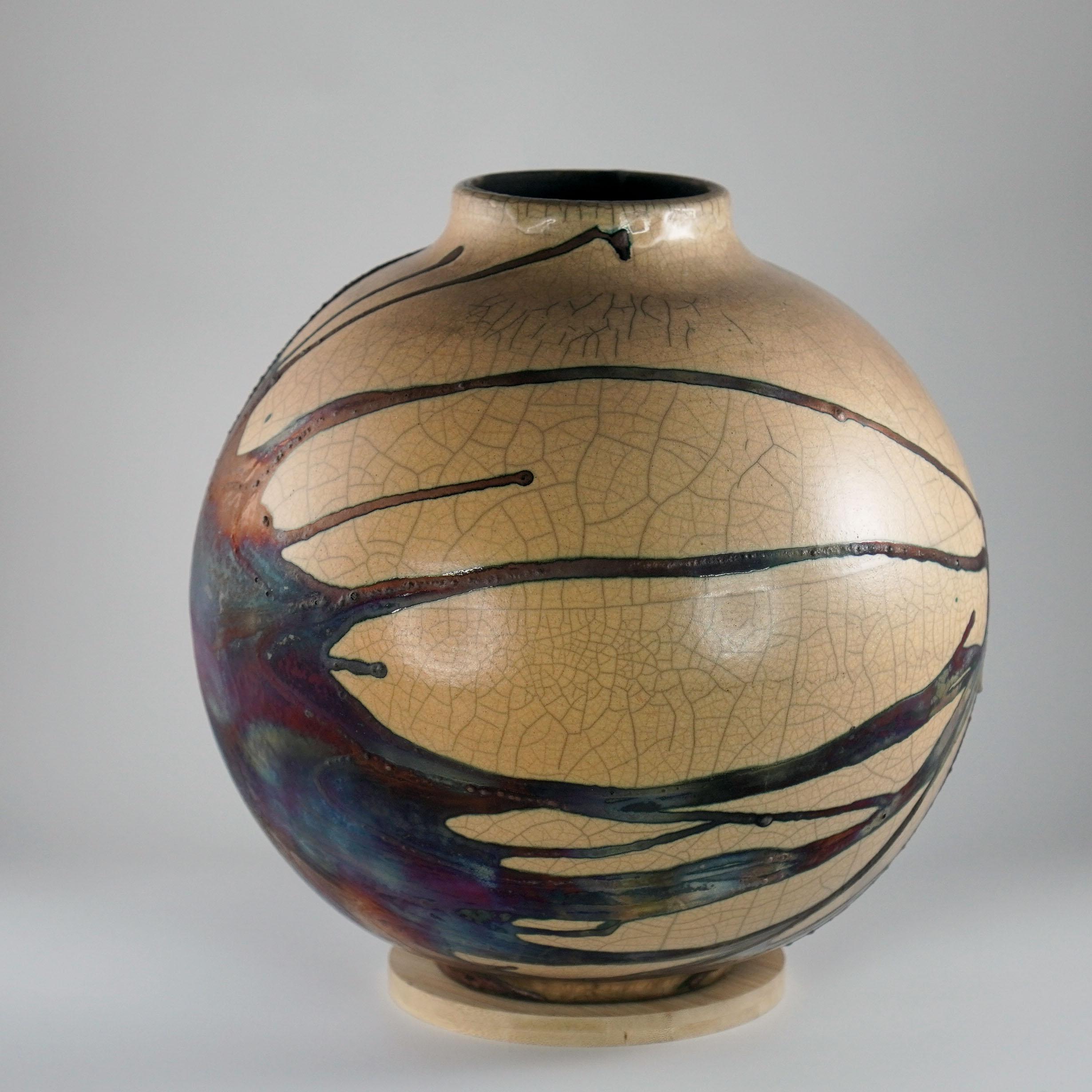 Raaquu Raku Fired Large Globe Vase S/N0000627 Centerpiece Art Series In New Condition For Sale In Petaling Jaya, MY