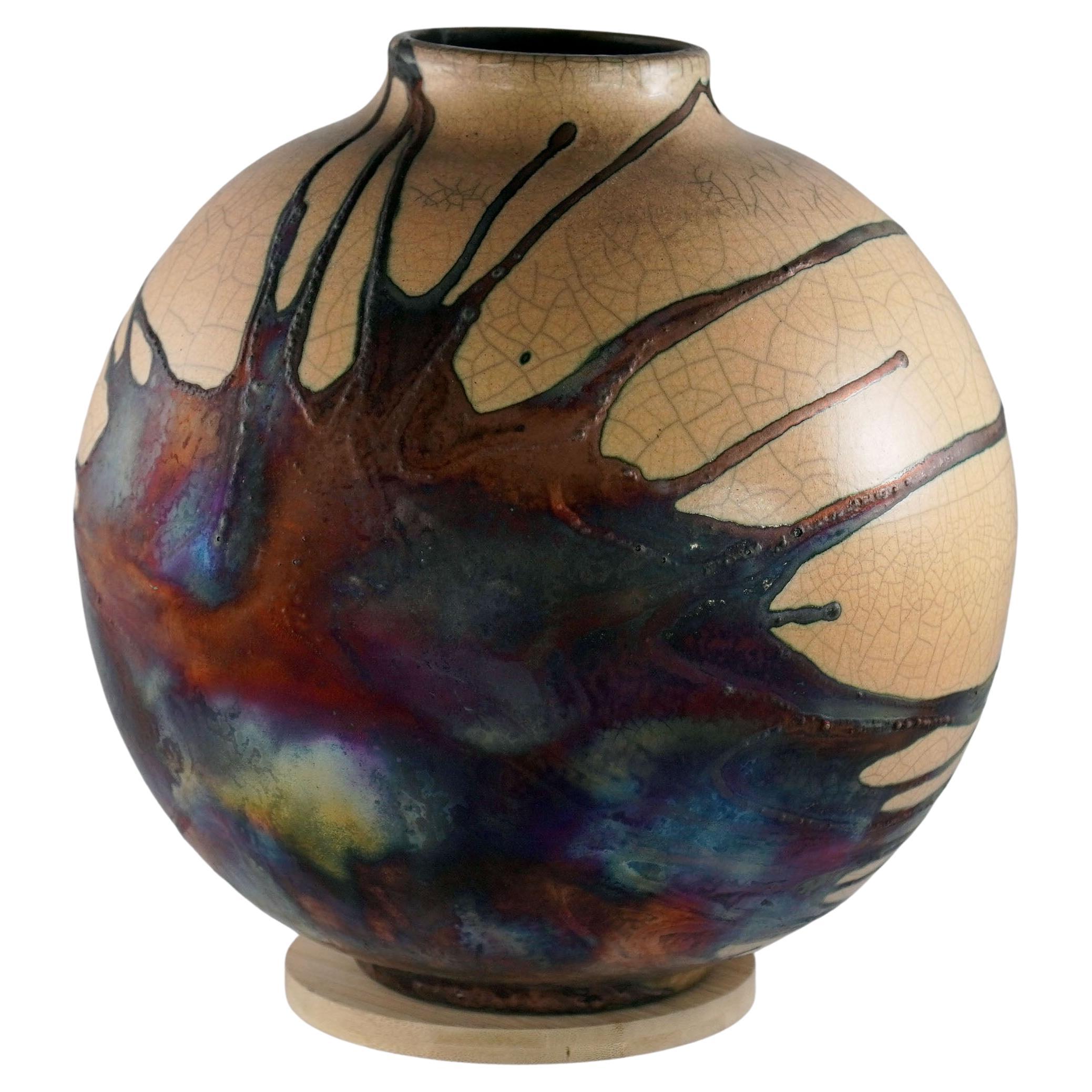 Raaquu Raku Fired Large Globe Vase S/N0000627 Centerpiece Art Series For Sale