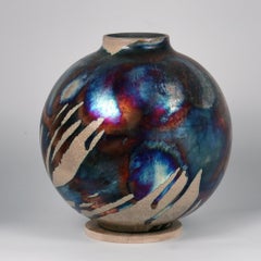 Raaquu Raku Fired Large Globe Vase S/N0000636 Centerpiece Art Series