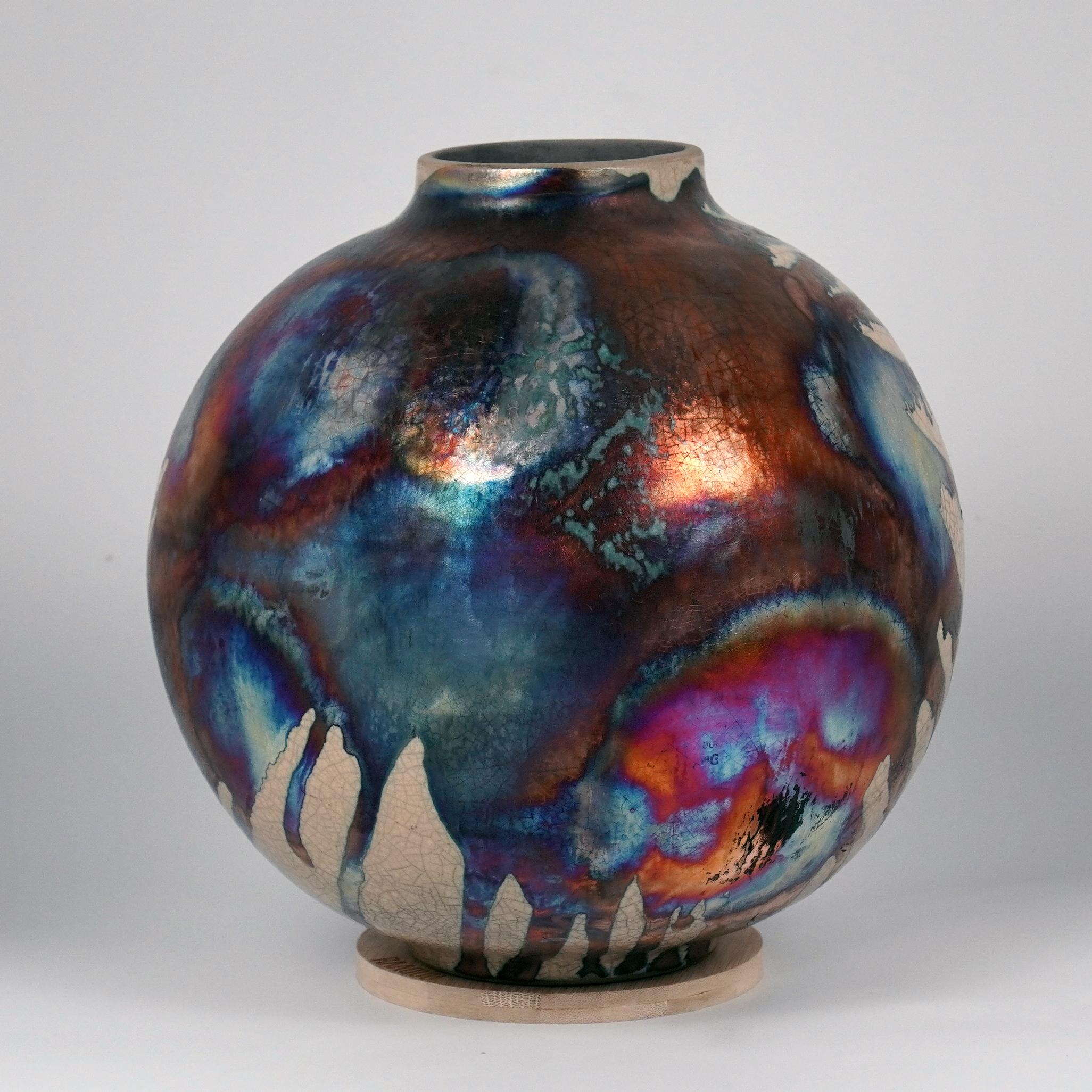 Modern Raaquu Raku Fired Large Globe Vase S/N0000636 Centerpiece Art Series For Sale