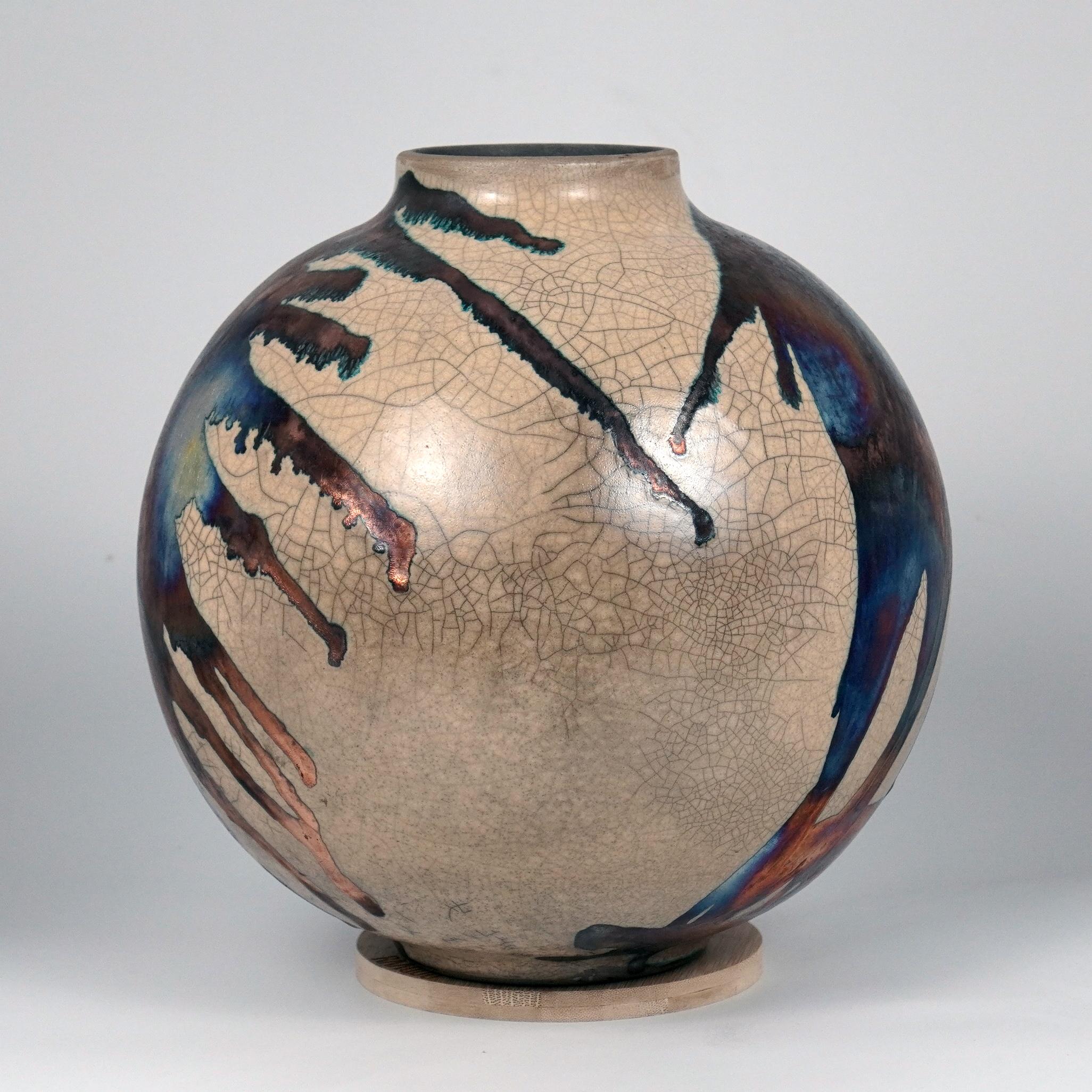 Raaquu Raku Fired Large Globe Vase S/N0000636 Centerpiece Art Series In New Condition For Sale In Petaling Jaya, MY