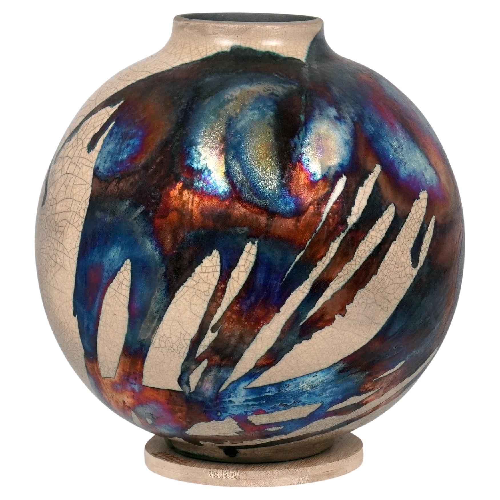Raaquu Raku grand vase globe cuit S/N0000636 Série Centre de table d'art