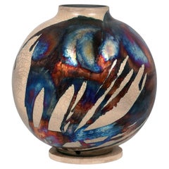 Raaquu Raku Fired Large Globe Vase S/N0000636 Centerpiece Art Series