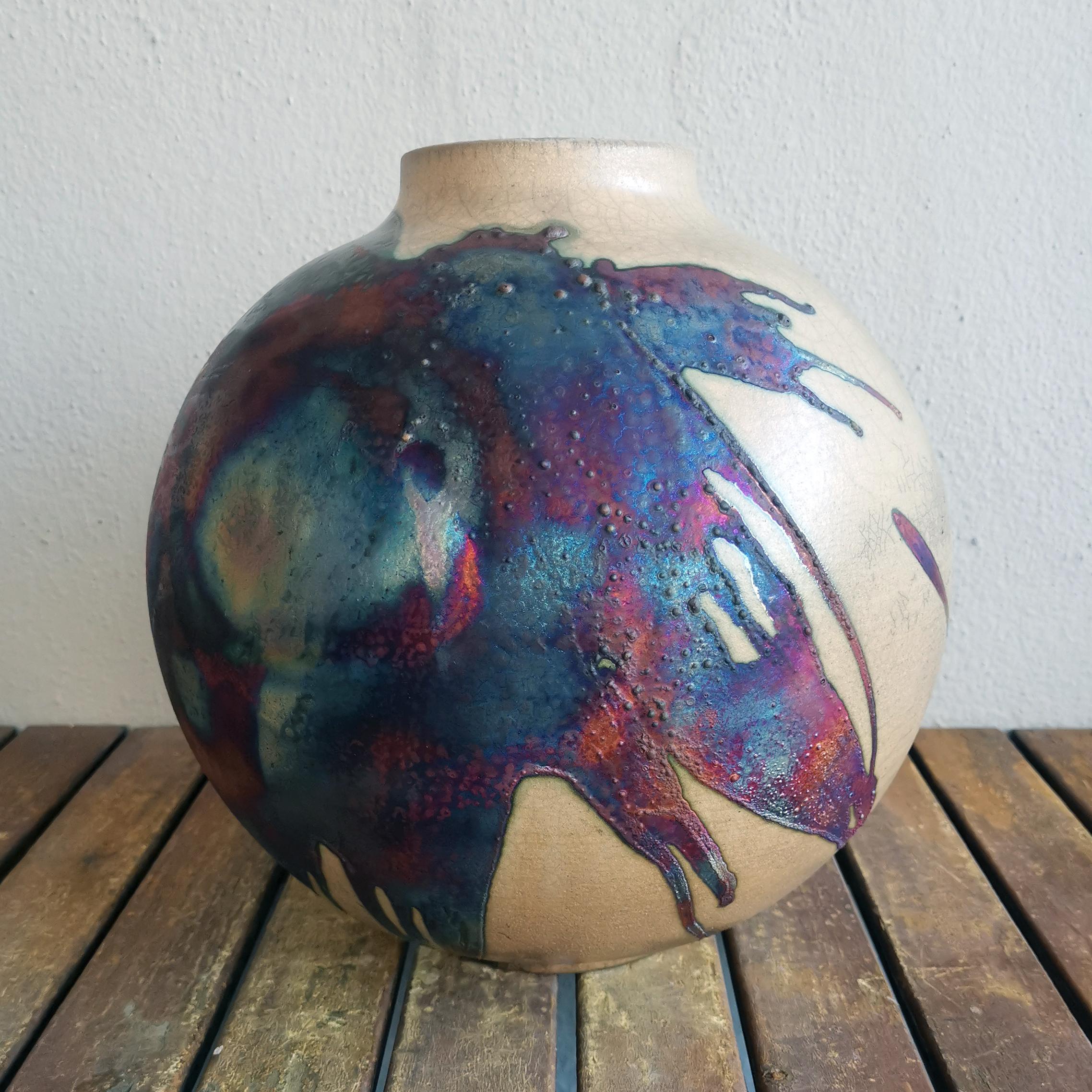 Modern Raaquu Raku Fired Large Globe Vase S/N0000637 Centerpiece Art Series