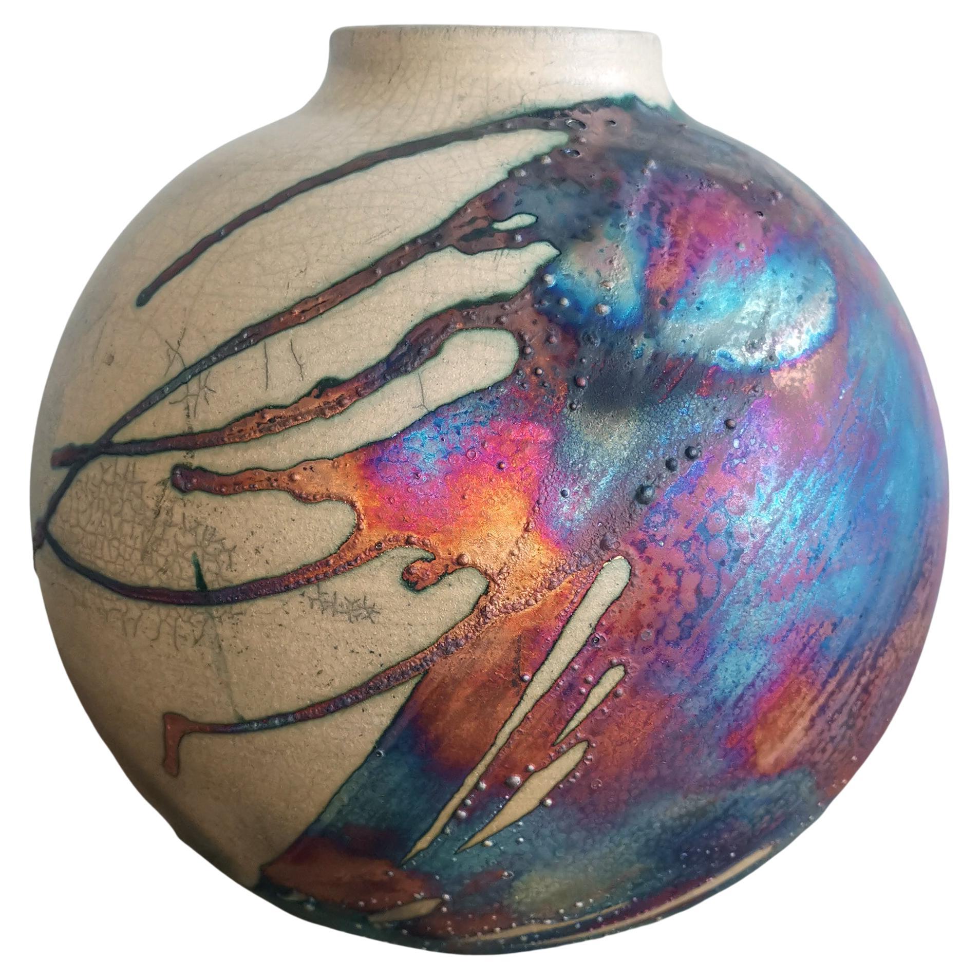 Raaquu Raku Fired Large Globe Vase S/N0000637 Centerpiece Art Series