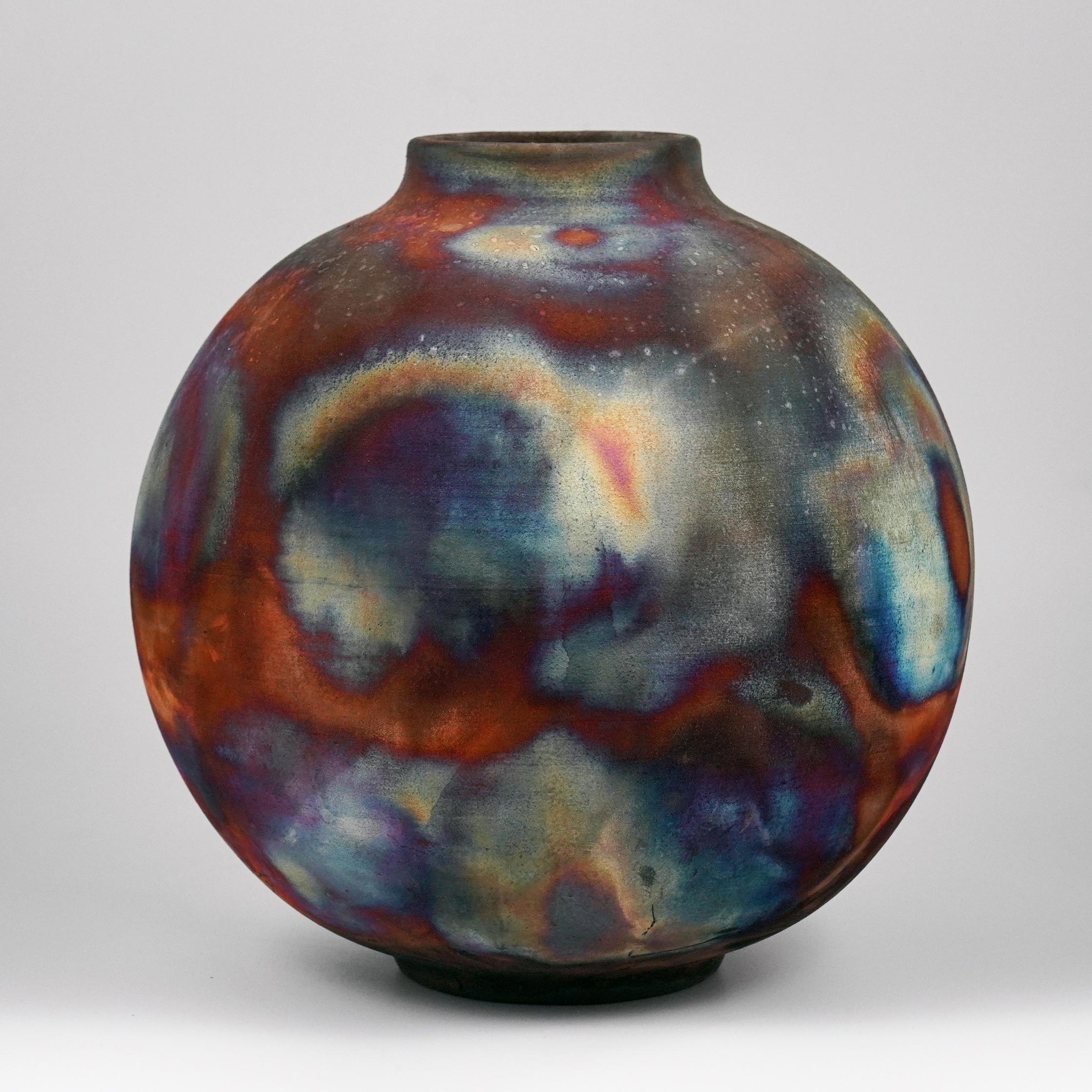 Modern Raaquu Raku Fired Large Globe Vase S/N0000647 Centerpiece Art Series For Sale