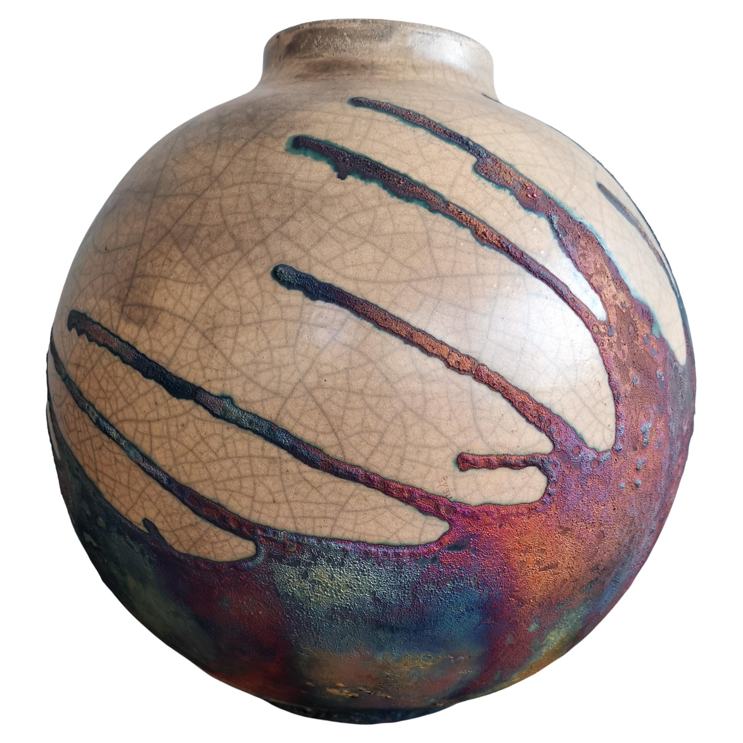 Raaquu Raku Fired Large Globe Vase S/N0000650 Centerpiece Art Series