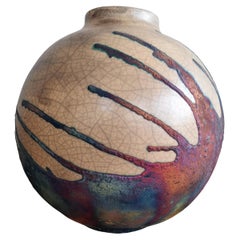 Raaquu Raku Fired Large Globe Vase S/N0000650 Centerpiece Art Series