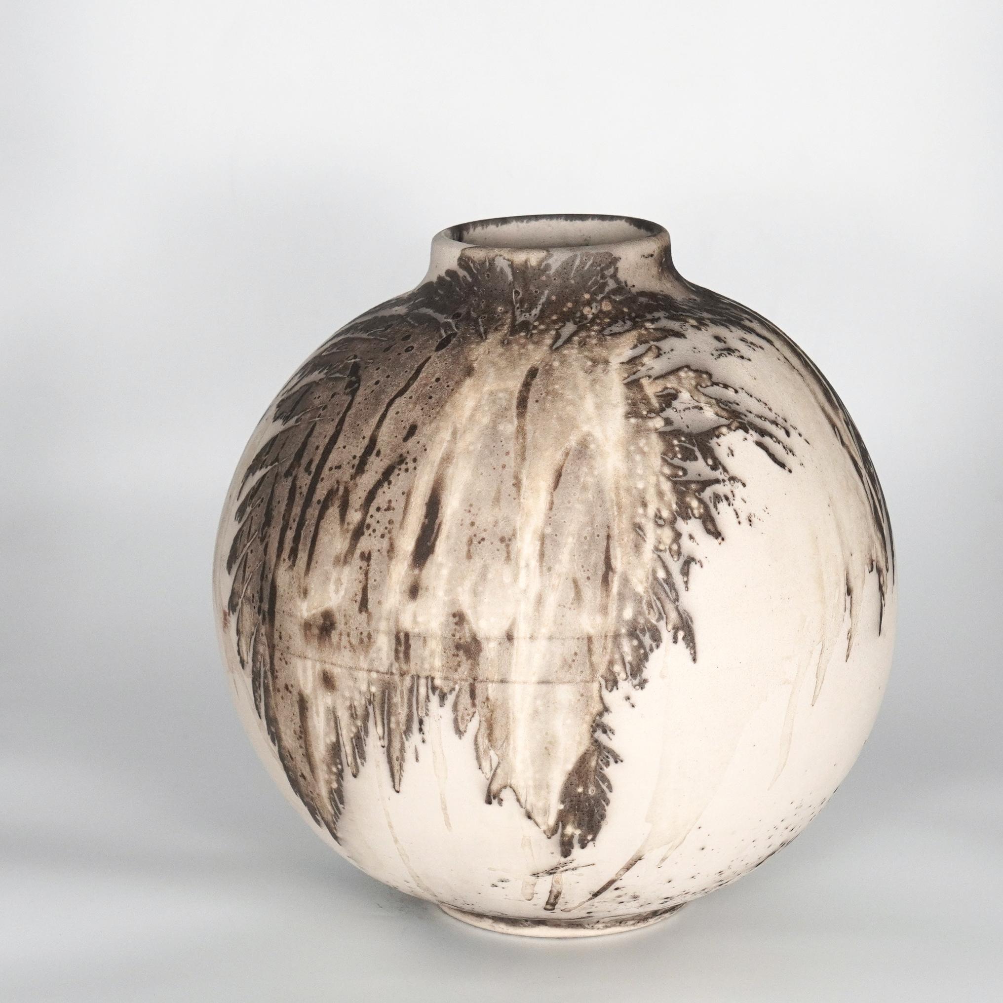 Modern Raaquu Raku Fired Large Globe Vase S/N0000759 Centerpiece Art Series For Sale