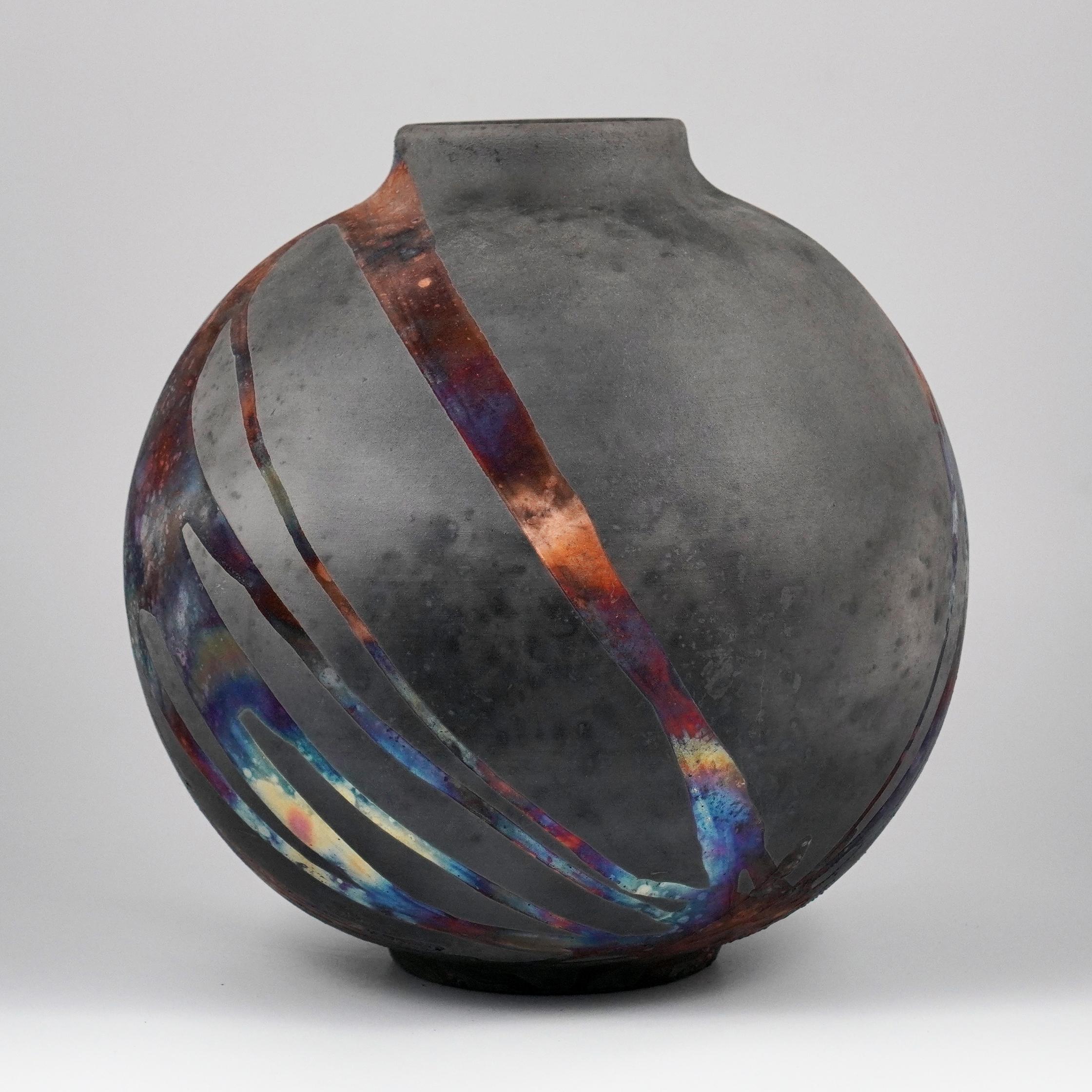 Modern Raaquu Raku Fired Large Globe Vase S/N0000765 Centerpiece Art Series, Malaysia For Sale