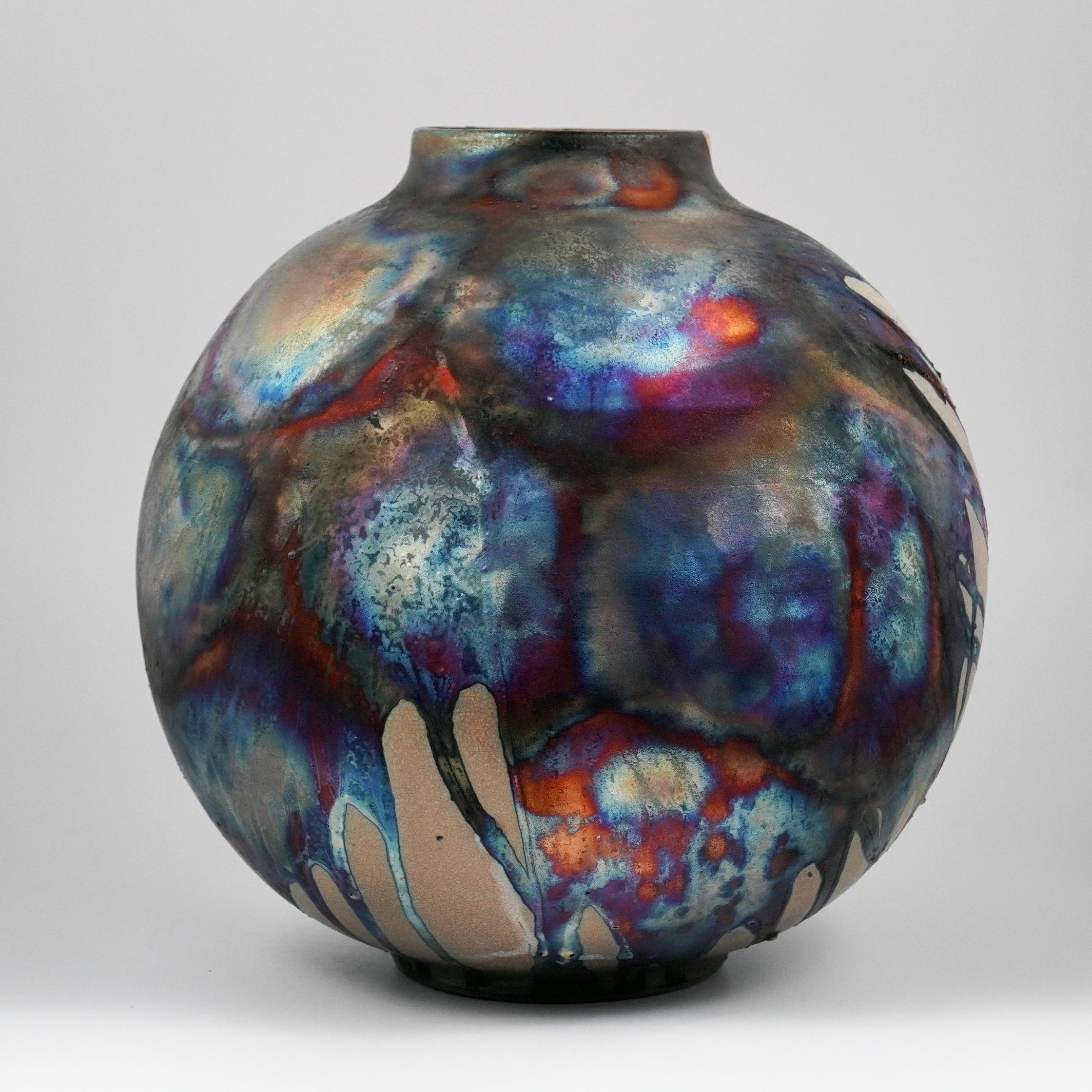 Modern Raaquu Raku Fired Large Globe Vase S/N0000770 Centerpiece Art Series For Sale