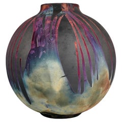 Raaquu Raku Fired Large Globe Vase S/N0000774 Centerpiece Art Series Raaquu Raku Fired Large Globe Vase S/N0000774 Centerpiece Art Series
