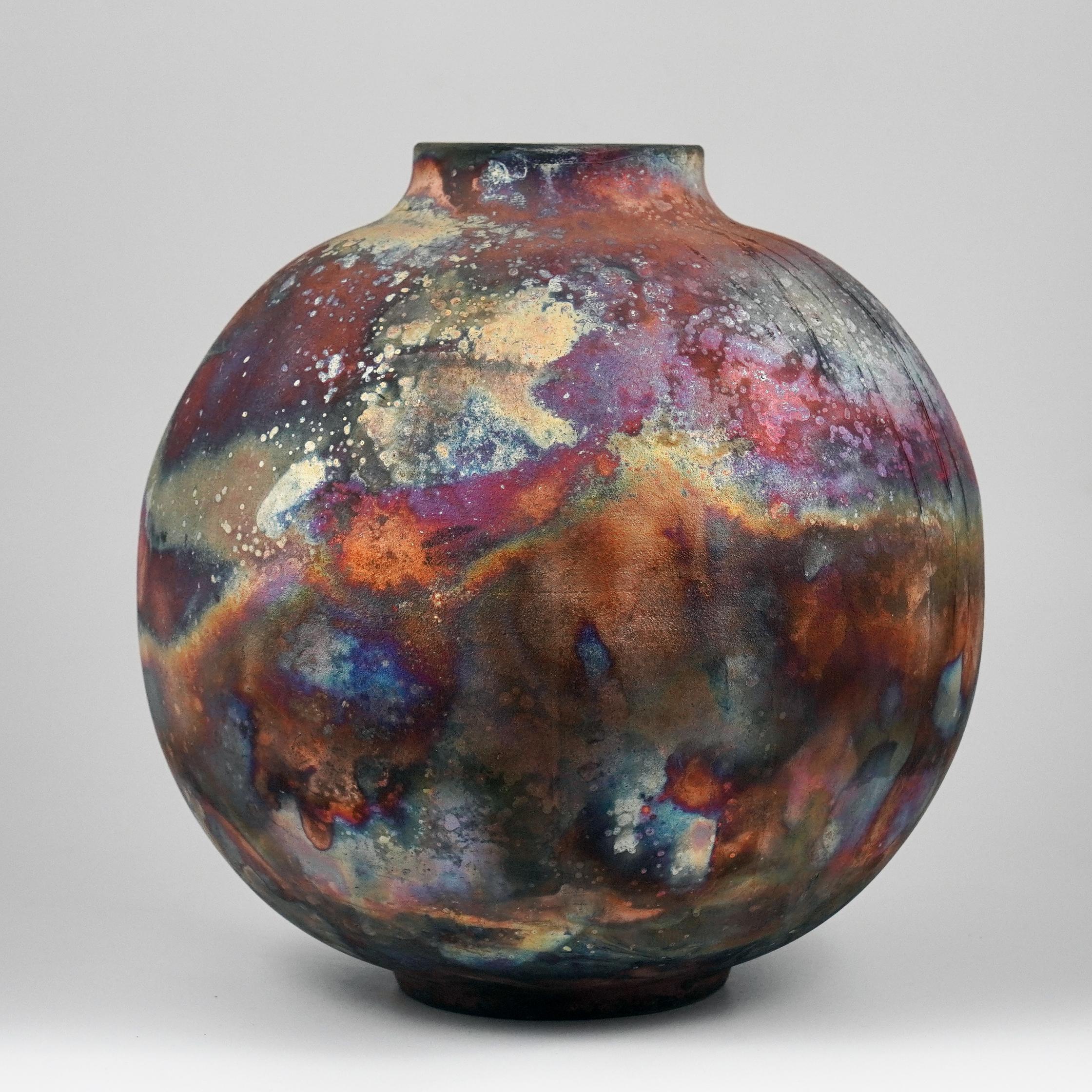 Modern Raaquu Raku Fired Large Globe Vase S/N0000783 Centerpiece Art Series For Sale
