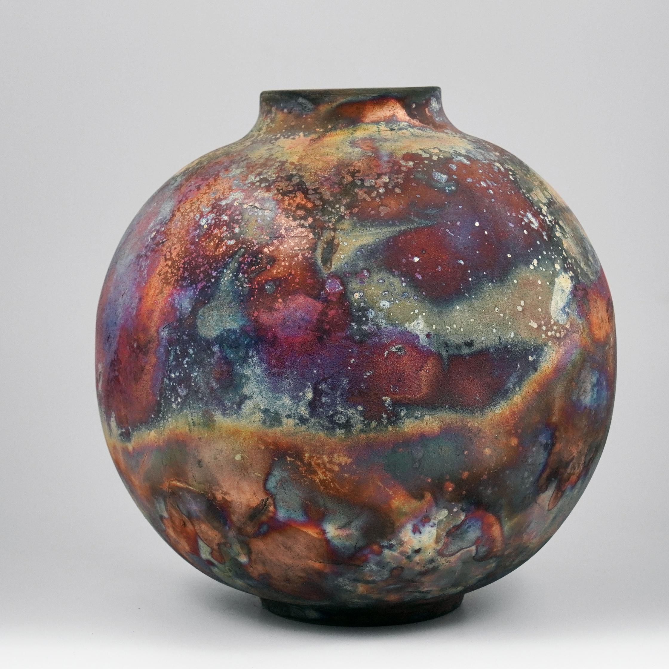 Malaysian Raaquu Raku Fired Large Globe Vase S/N0000783 Centerpiece Art Series For Sale