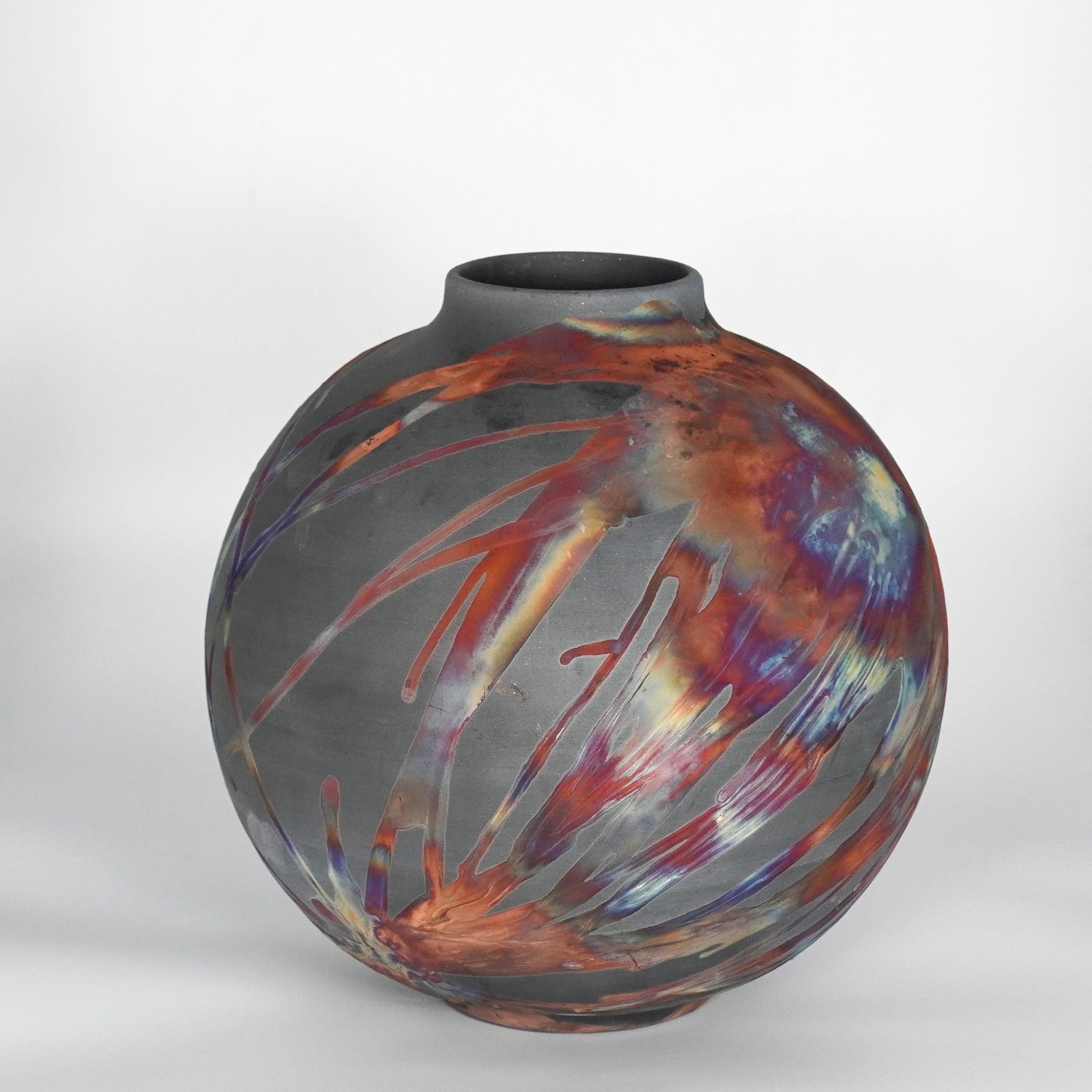 Modern Raaquu Raku Fired Large Globe Vase S/N0000787 Centerpiece Art Series For Sale