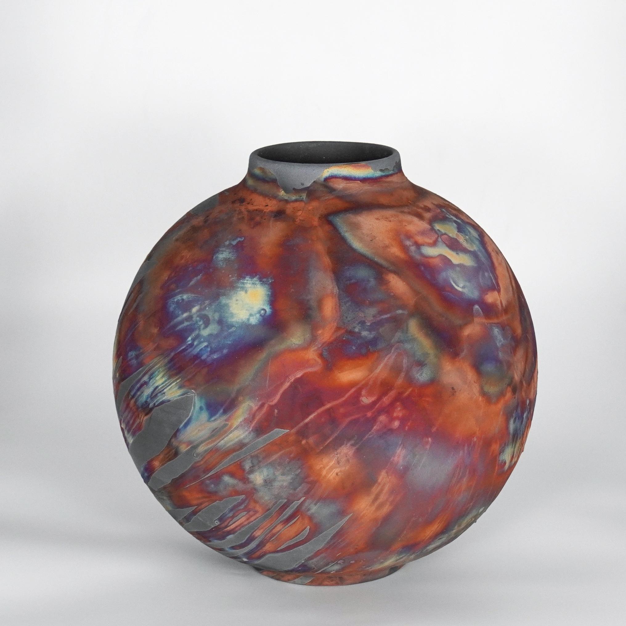Malaysian Raaquu Raku Fired Large Globe Vase S/N0000787 Centerpiece Art Series For Sale