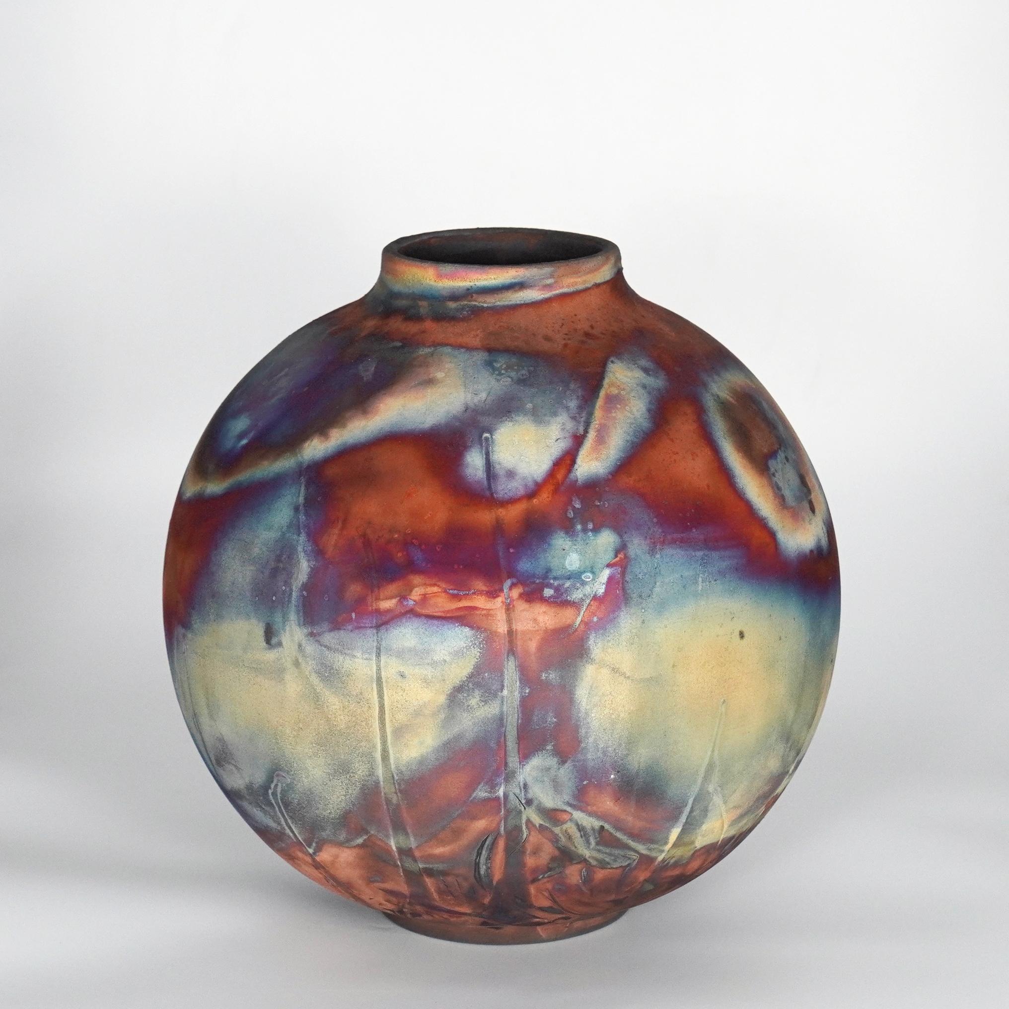 Modern Raaquu Raku Fired Large Globe Vase S/N0000799 Centerpiece Art Series For Sale