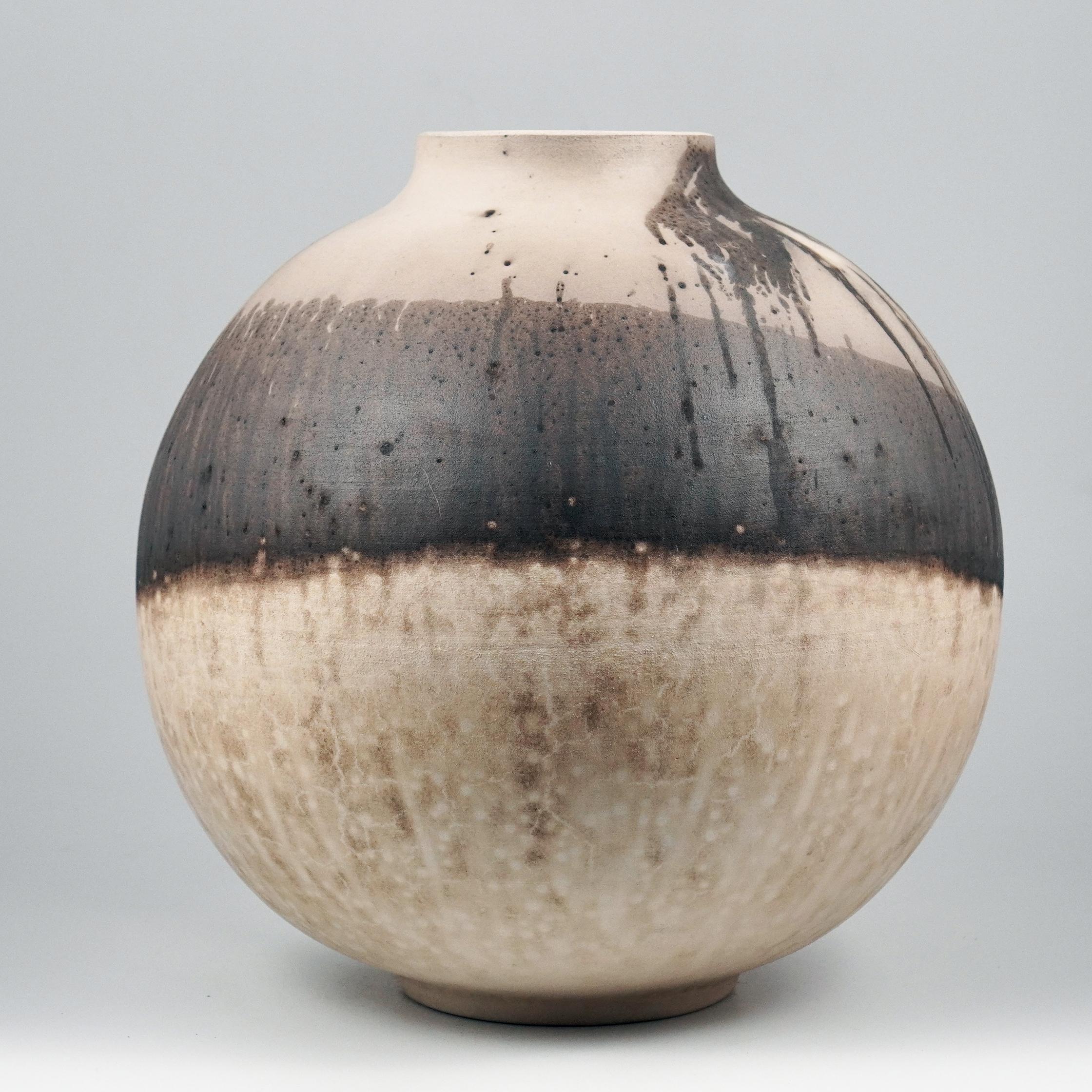 Modern Raaquu Raku Fired Large Globe Vase S/N0000804 Centerpiece Art Series For Sale