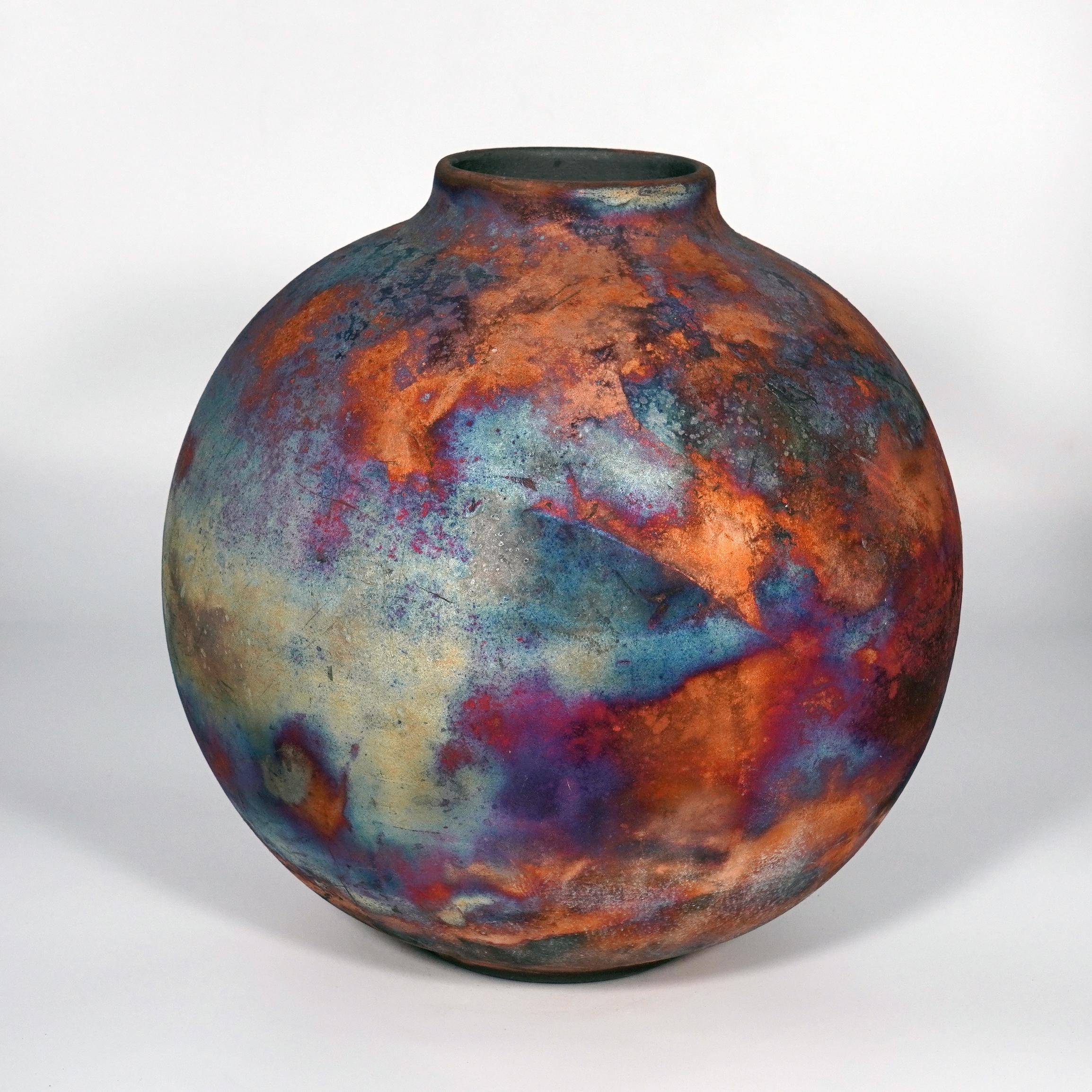 Modern Raaquu Raku Fired Large Globe Vase S/N0000813 Centerpiece Art Series For Sale