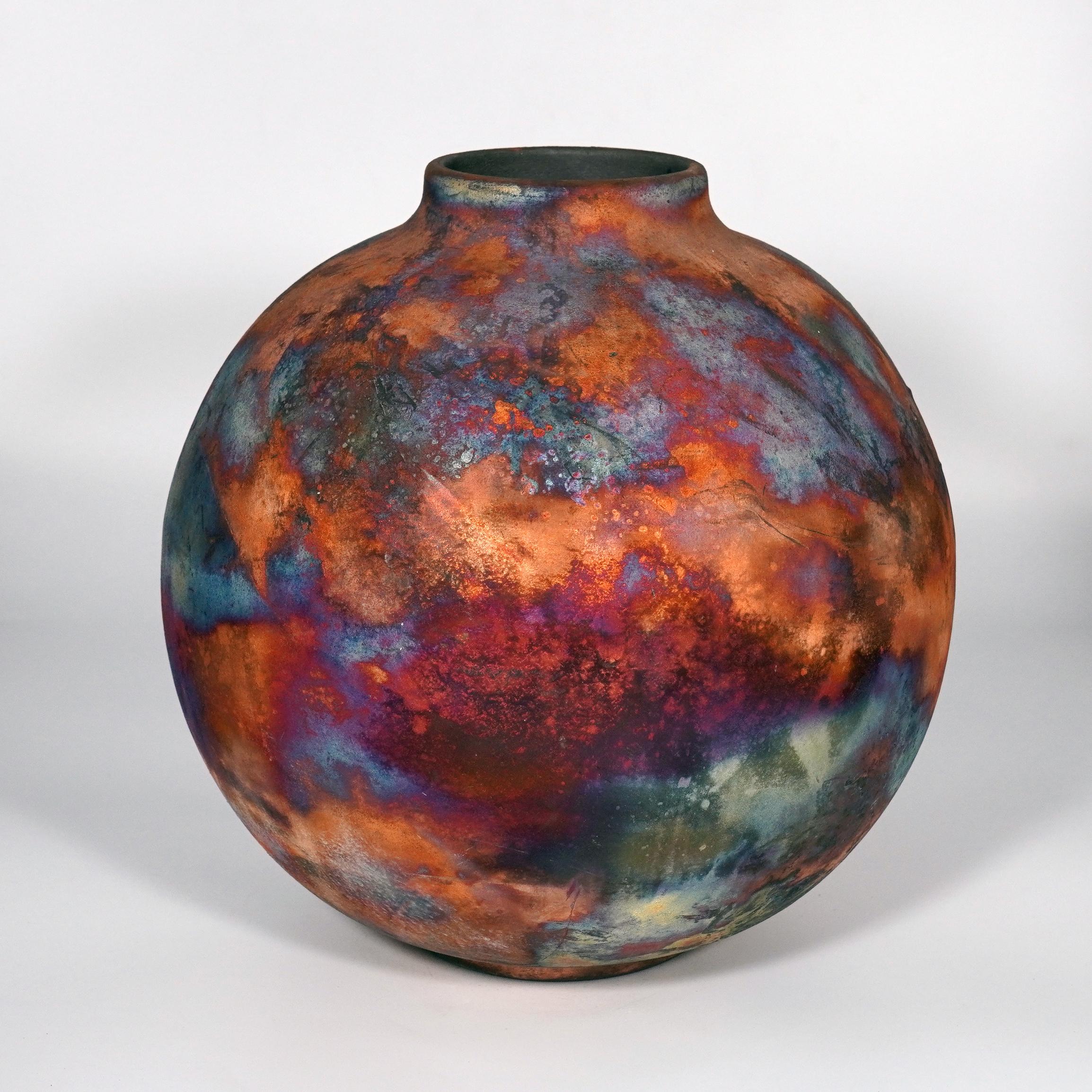Malaysian Raaquu Raku Fired Large Globe Vase S/N0000813 Centerpiece Art Series For Sale